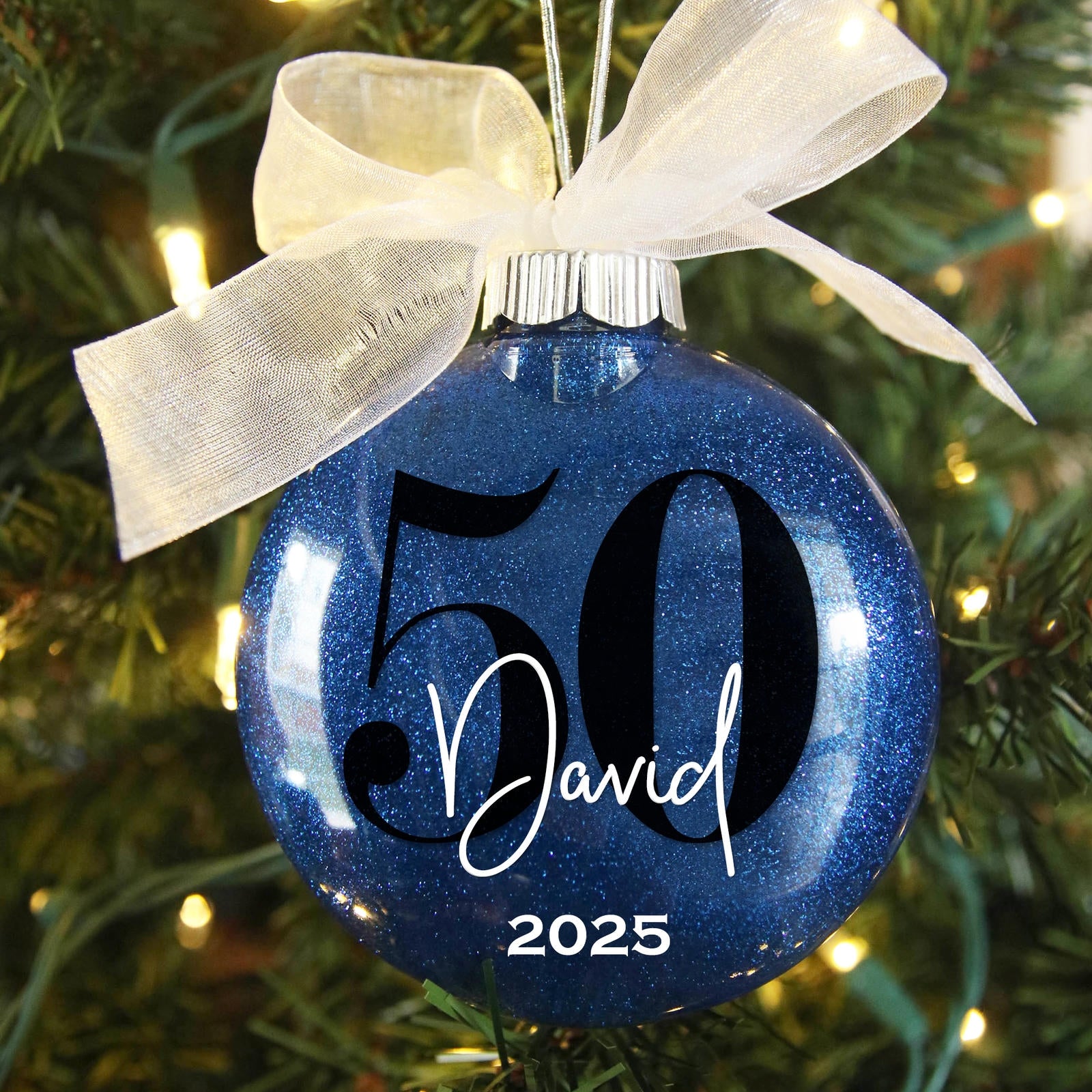 Personalized 50th birthday Christmas ornament in royal blue glitter