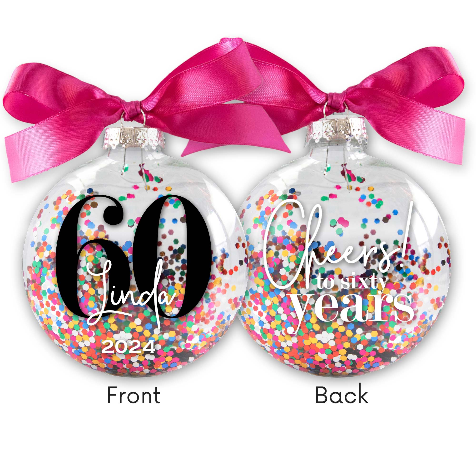 Personalized 60th Birthday Christmas Ornament - Multi-colored Glitter Confetti Inside