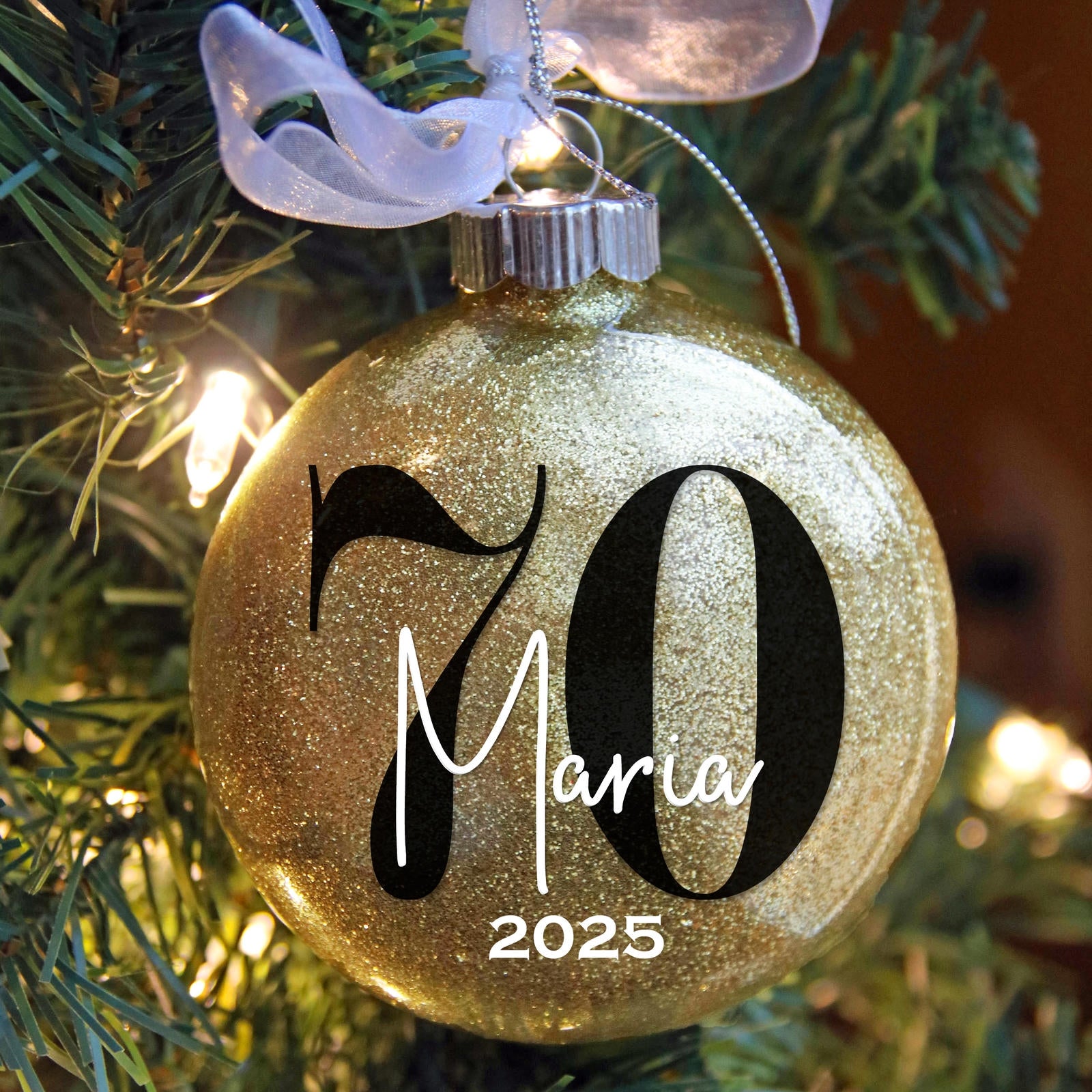 Personalized 70th birthday christmas ornament in gold