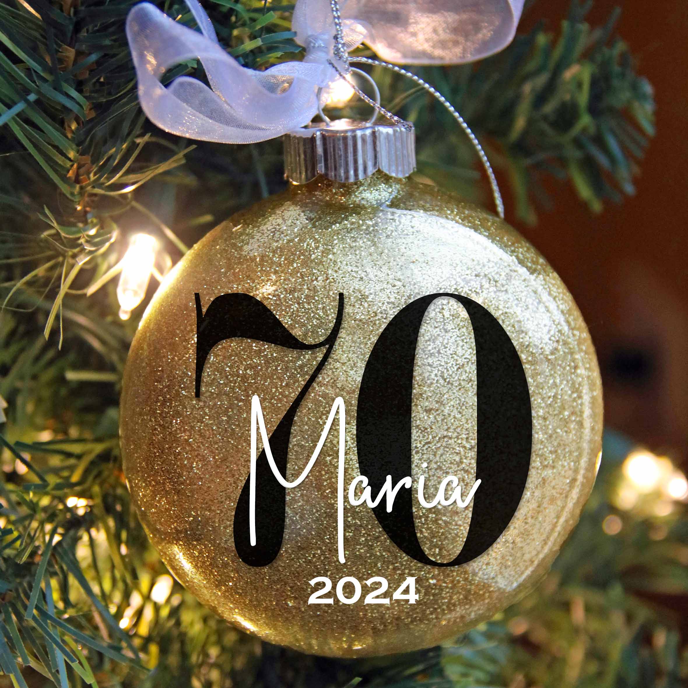 Personalized 70th birthday christmas ornament in gold