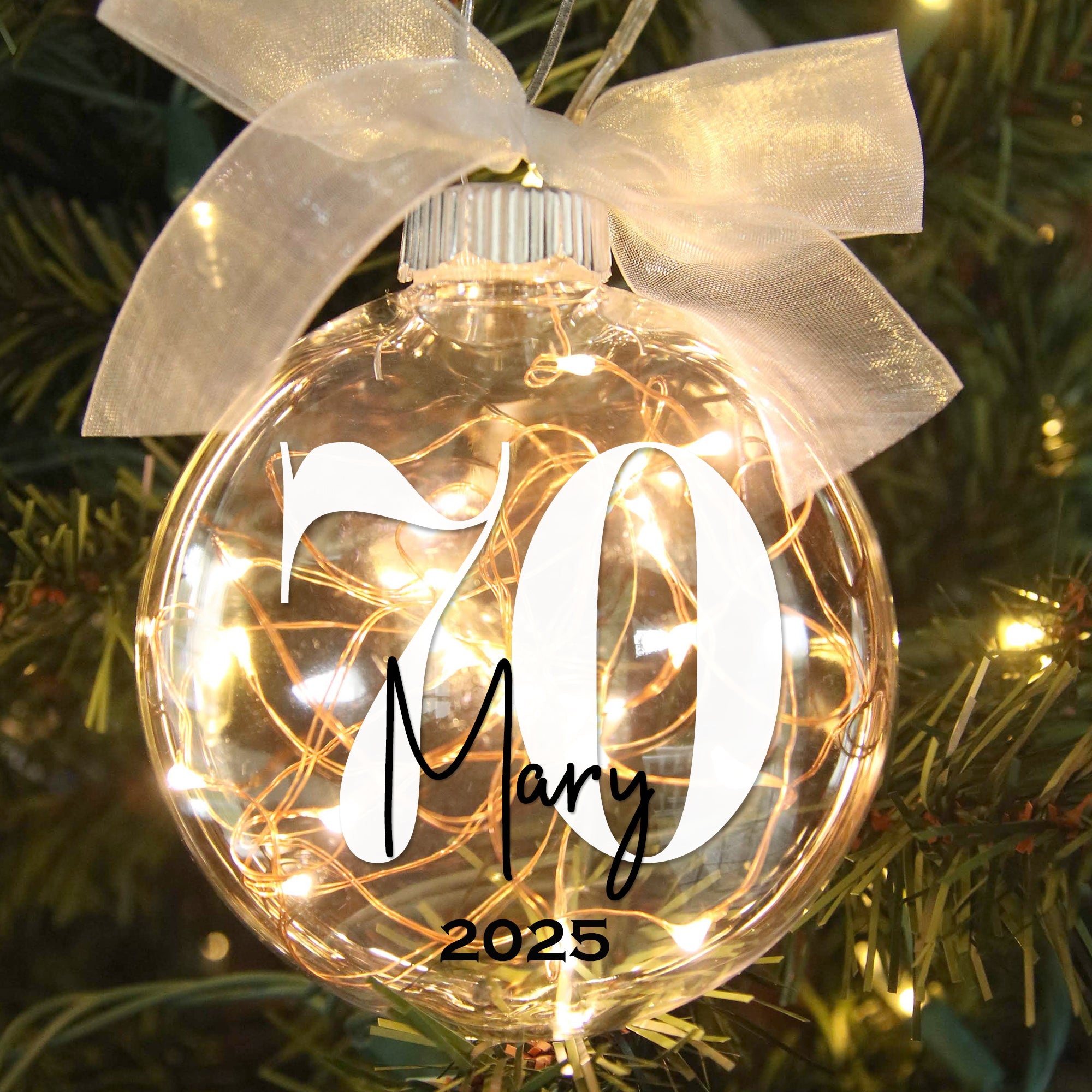 Personalized 70th Birthday Lighted Christmas Ornament - Cheers to Seventy Years