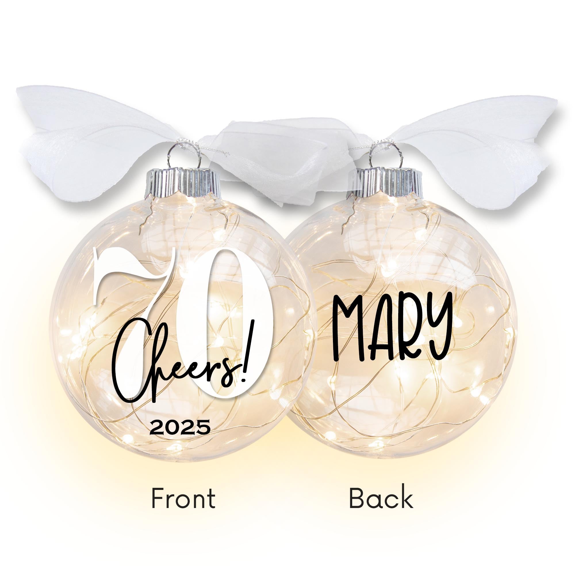 Personalized 70th Birthday Lighted Christmas Ornament - Cheers to Seventy Years