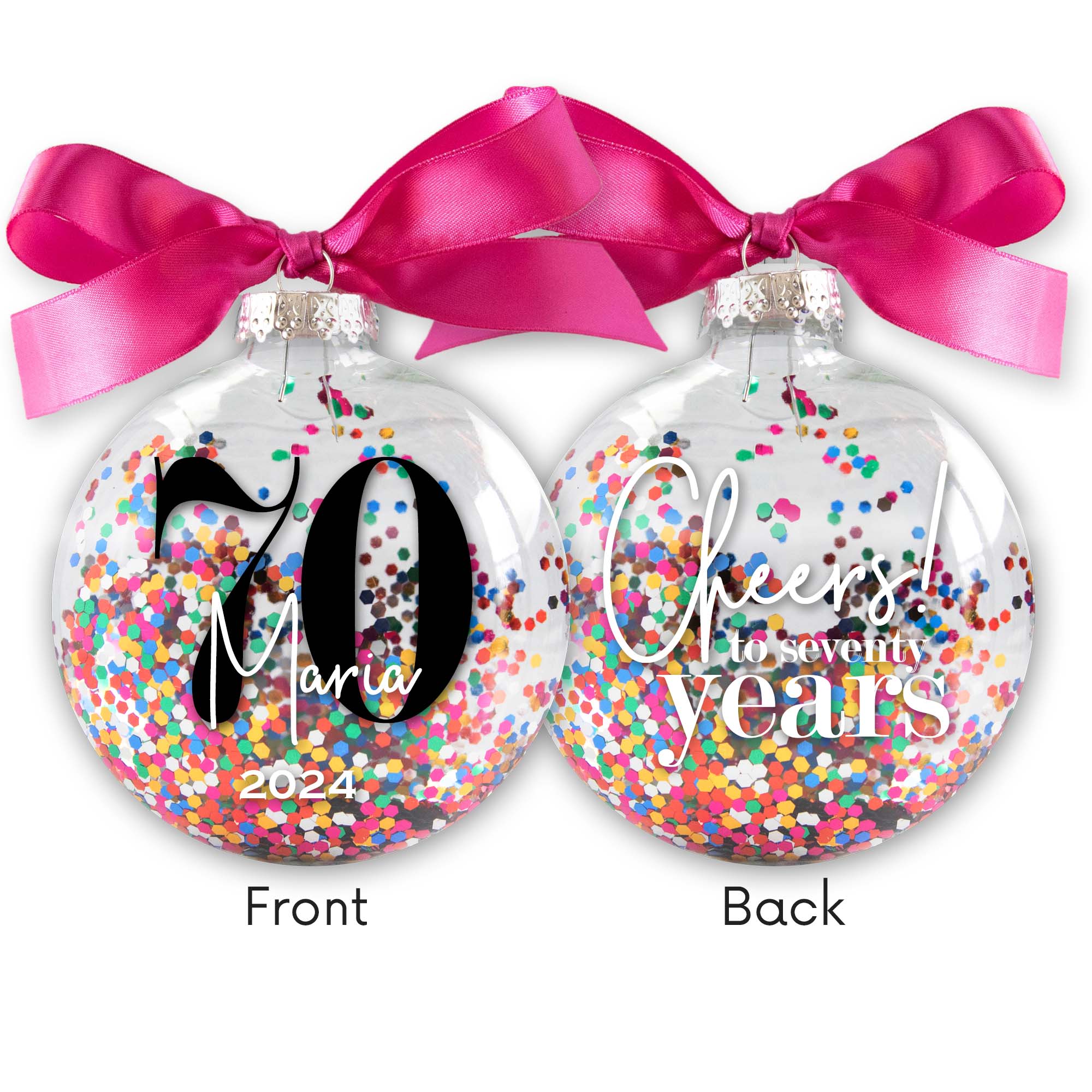 Personalized 70th Birthday Confetti Christmas Ornament - Multi-colored Glitter Confetti Inside