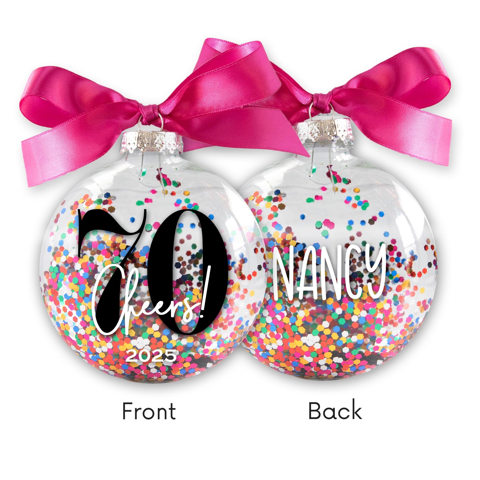 Personalized 70th Birthday Confetti Christmas Ornament - Multi-colored Glitter Confetti Inside