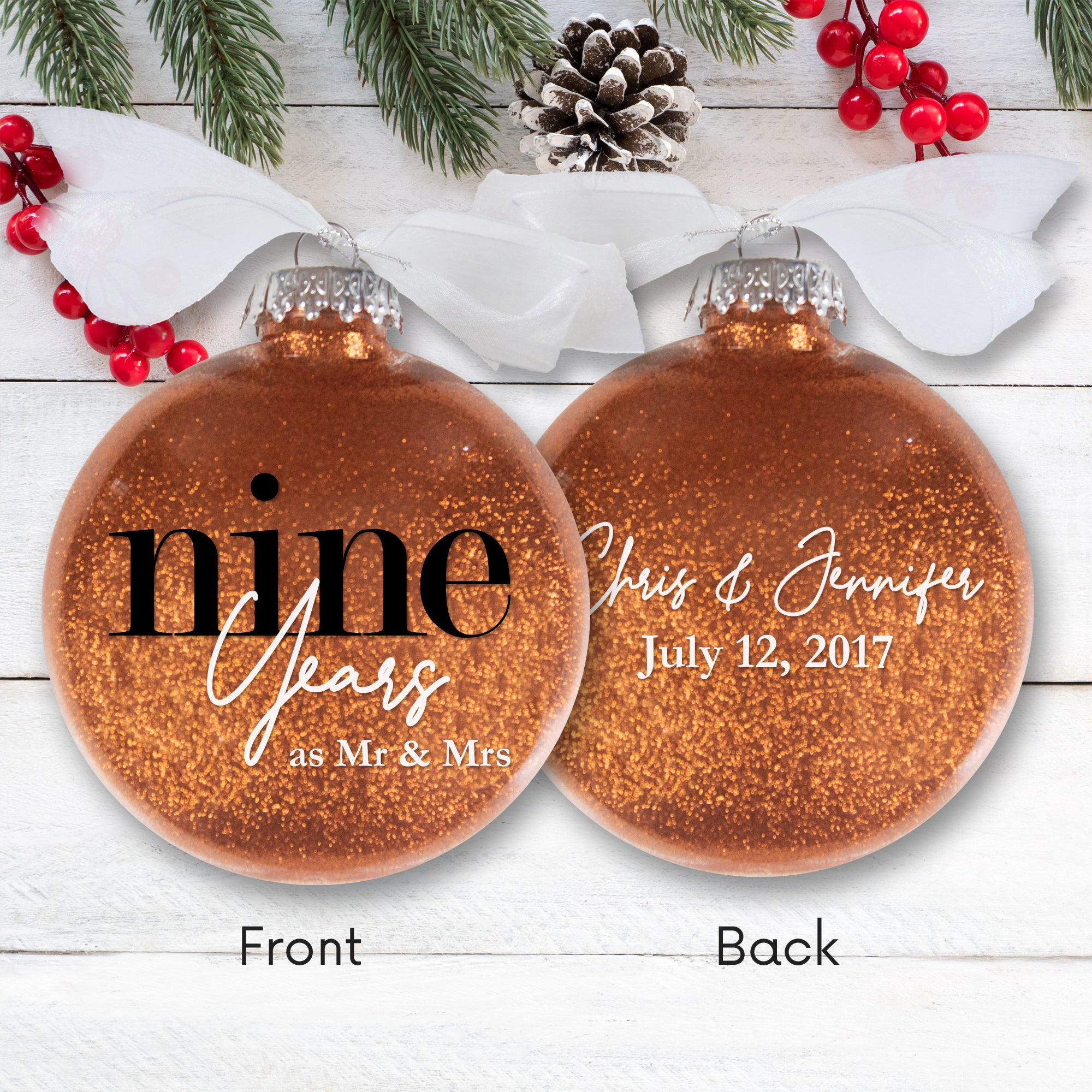 9th Wedding Anniversary Glitter Christmas Ornament