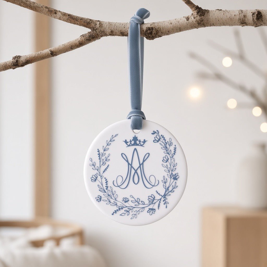 Auspice Maria Ceramic Ornament — Marian Monogram - Firefly Wishes