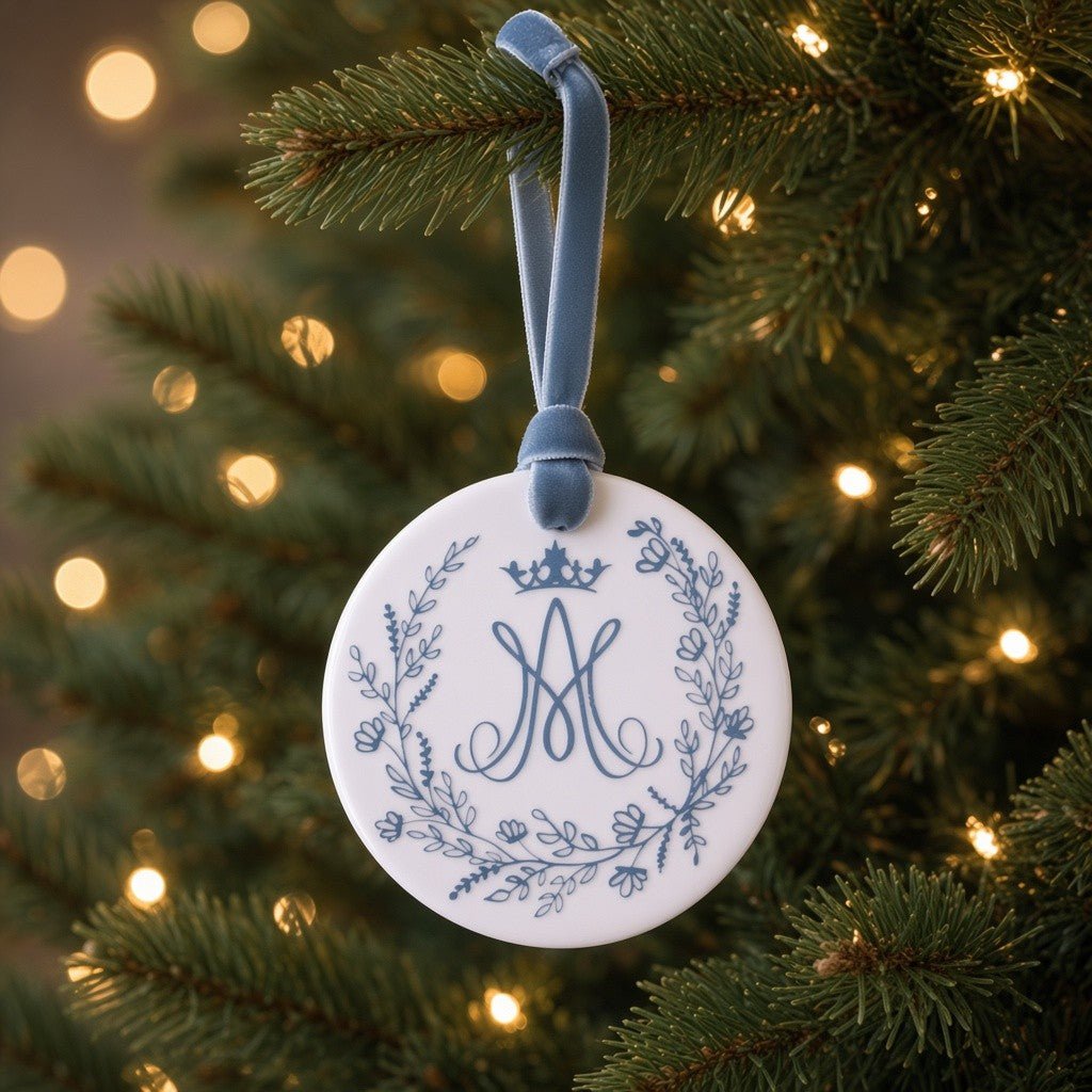 Auspice Maria Ceramic Ornament — Marian Monogram - Firefly Wishes
