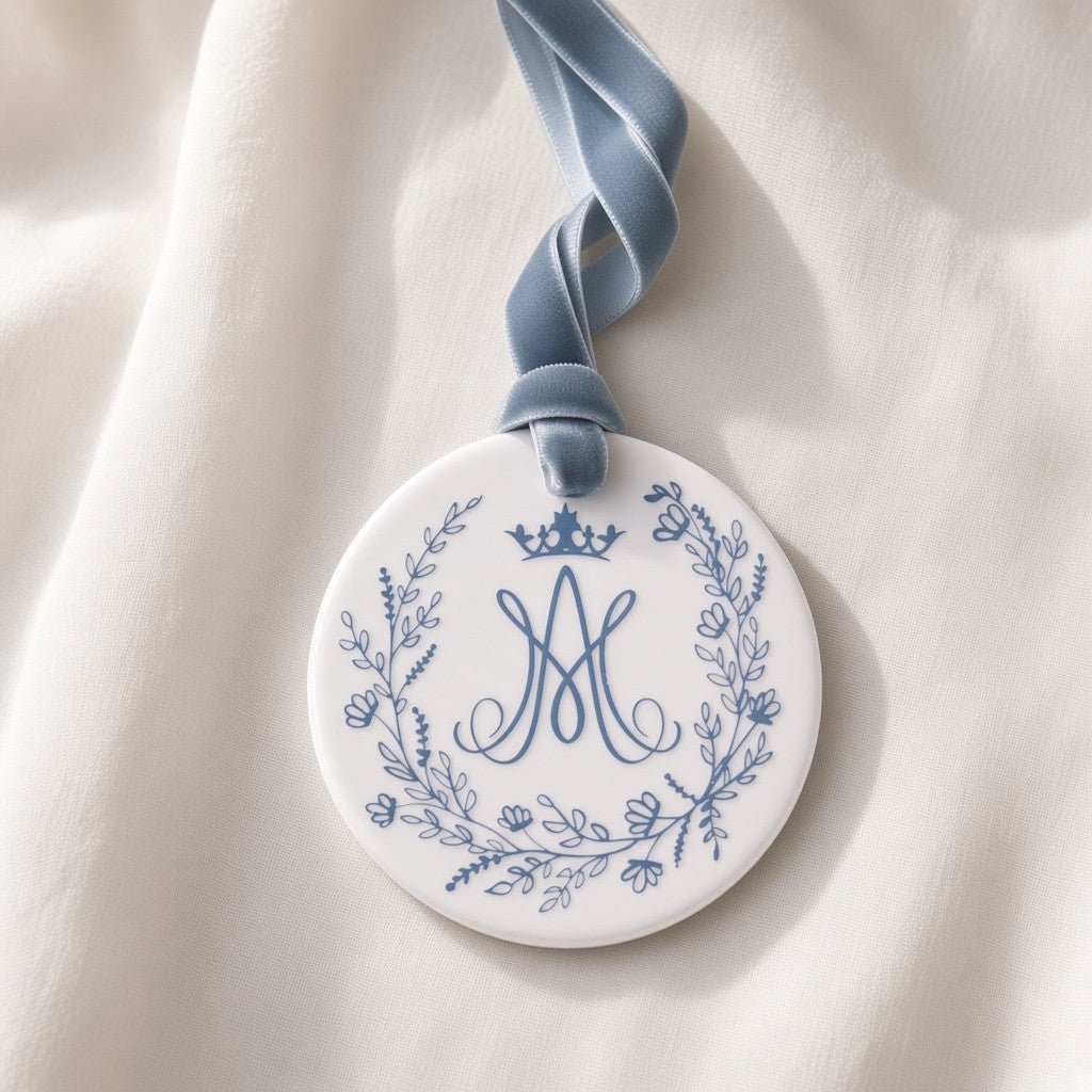 Auspice Maria Ceramic Ornament — Marian Monogram - Firefly Wishes