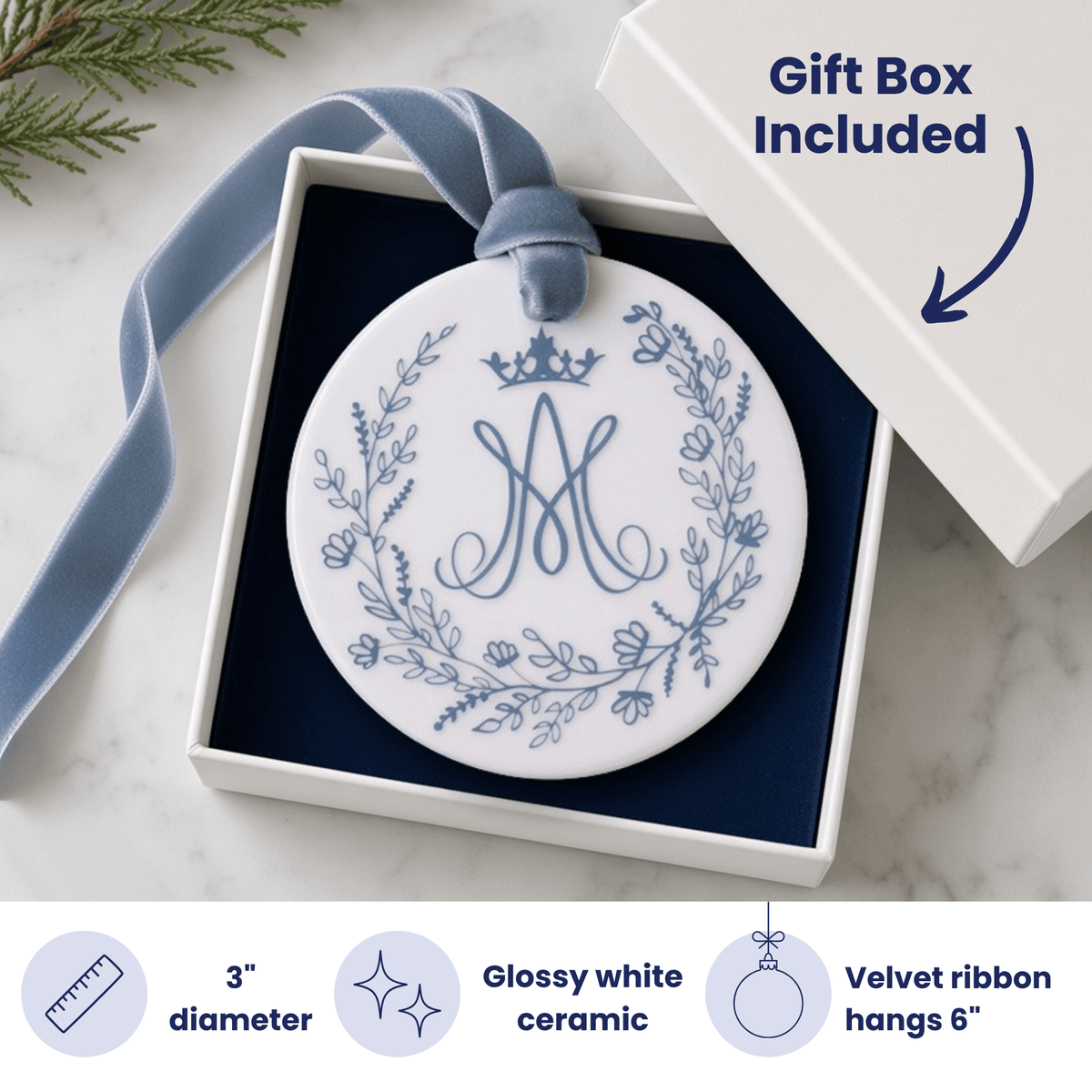 Auspice Maria Ceramic Ornament — Marian Monogram - Firefly Wishes