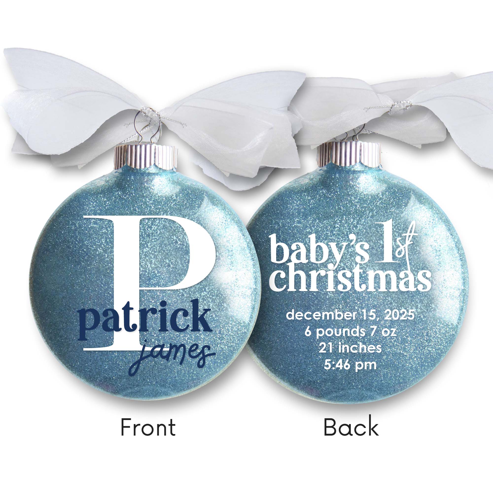 Baby Boy Birth Stats Glitter Christmas Ornament – Personalized