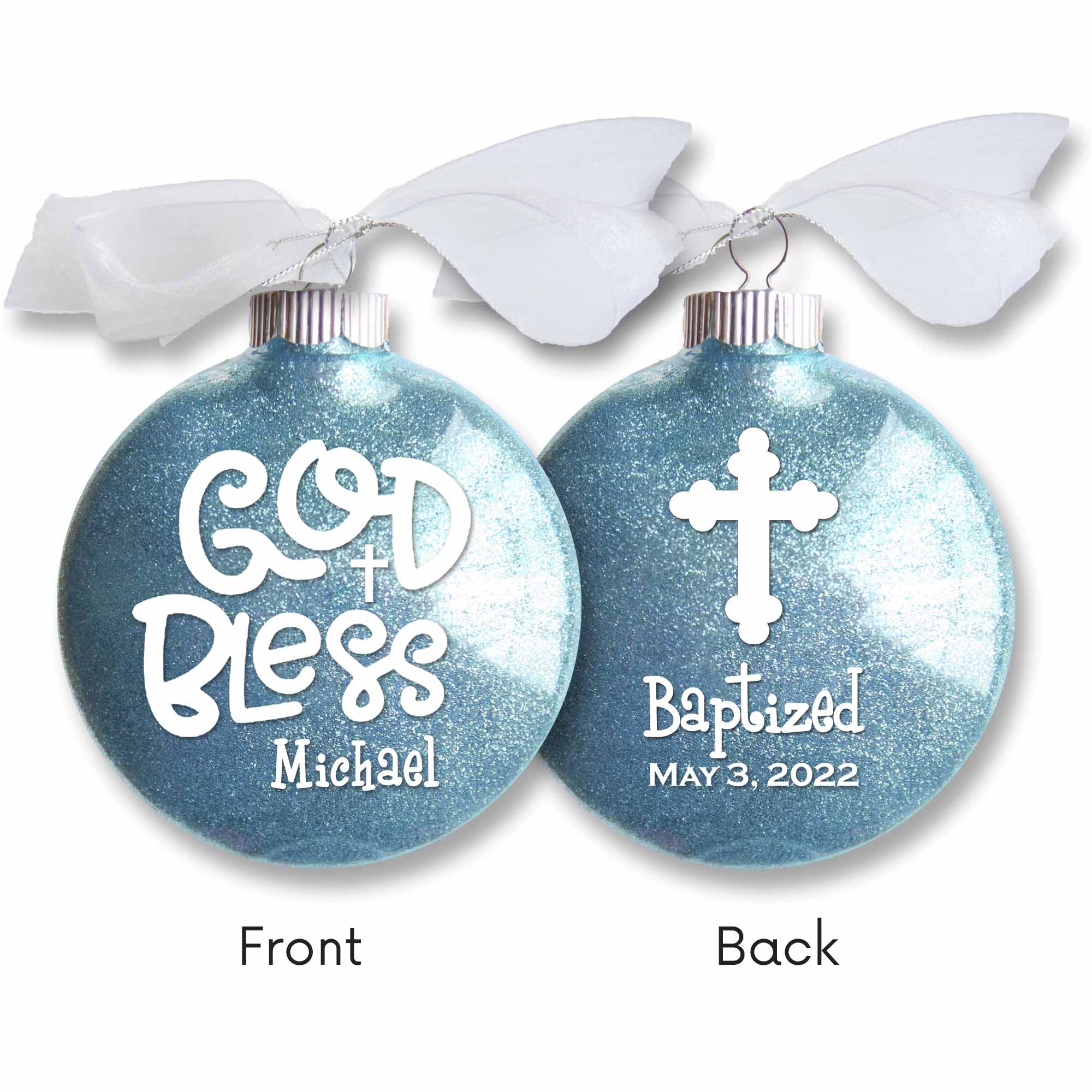 Baptism Glitter Christmas Ornament - God Bless