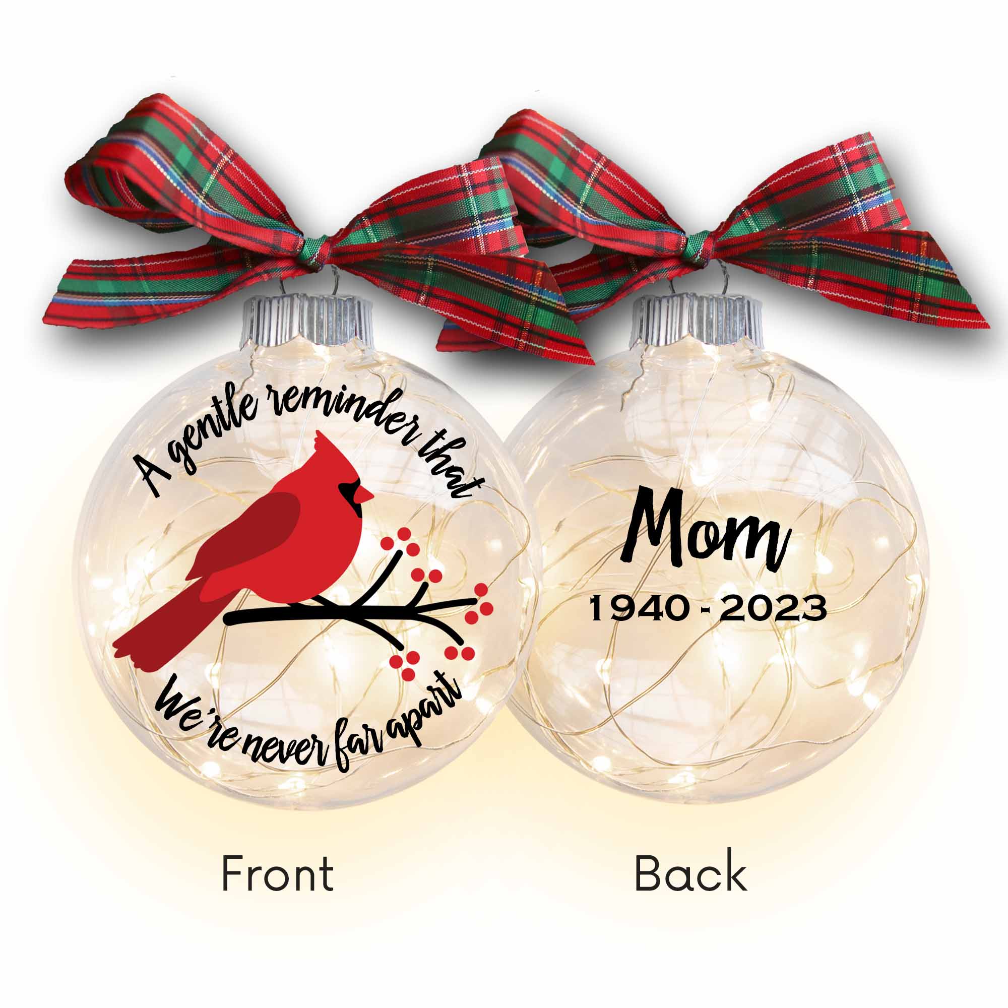 Sympathy Lighted Cardinal Christmas Ornament, Personalized Memorial Gift