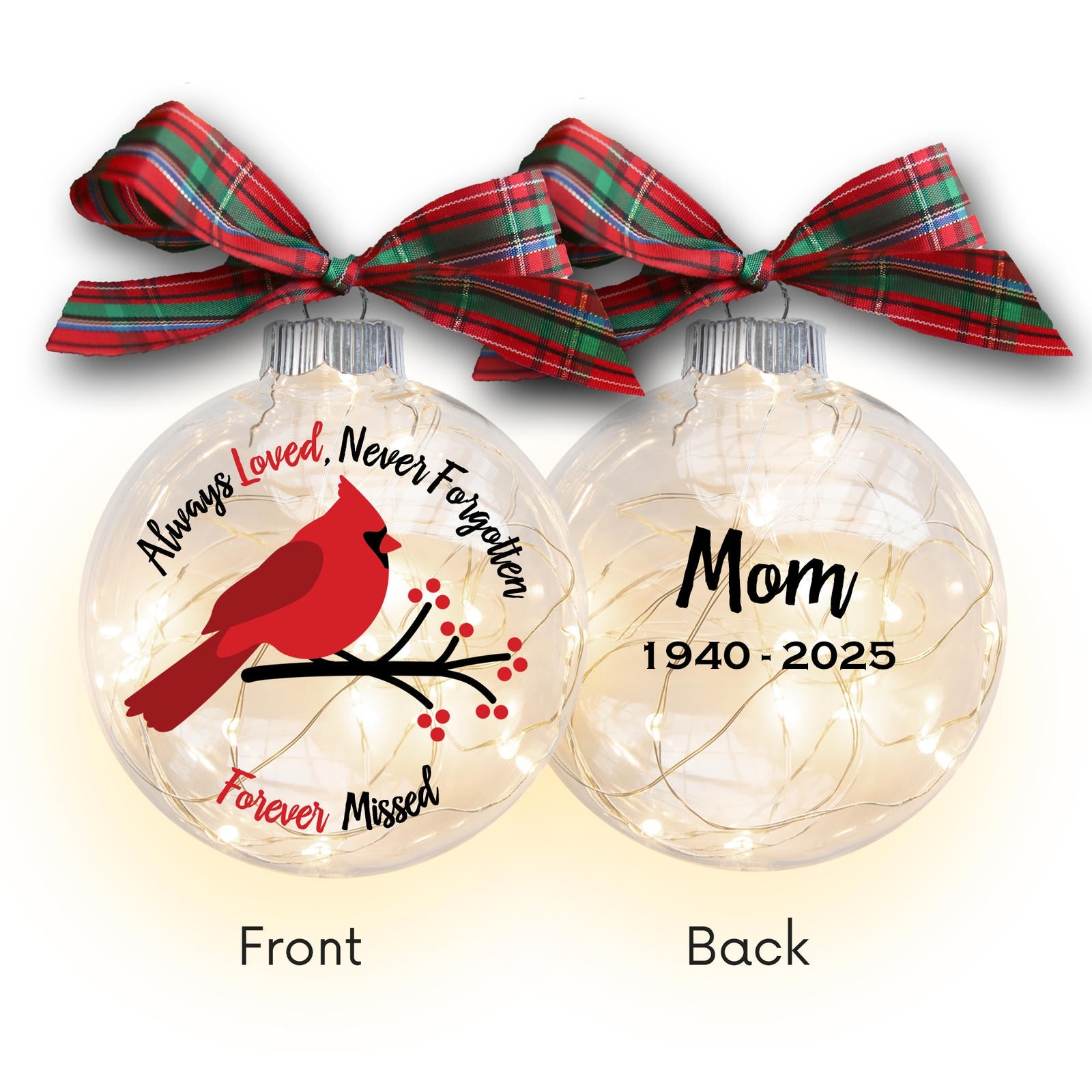 Sympathy Lighted Cardinal Christmas Ornament, Personalized Memorial Gift