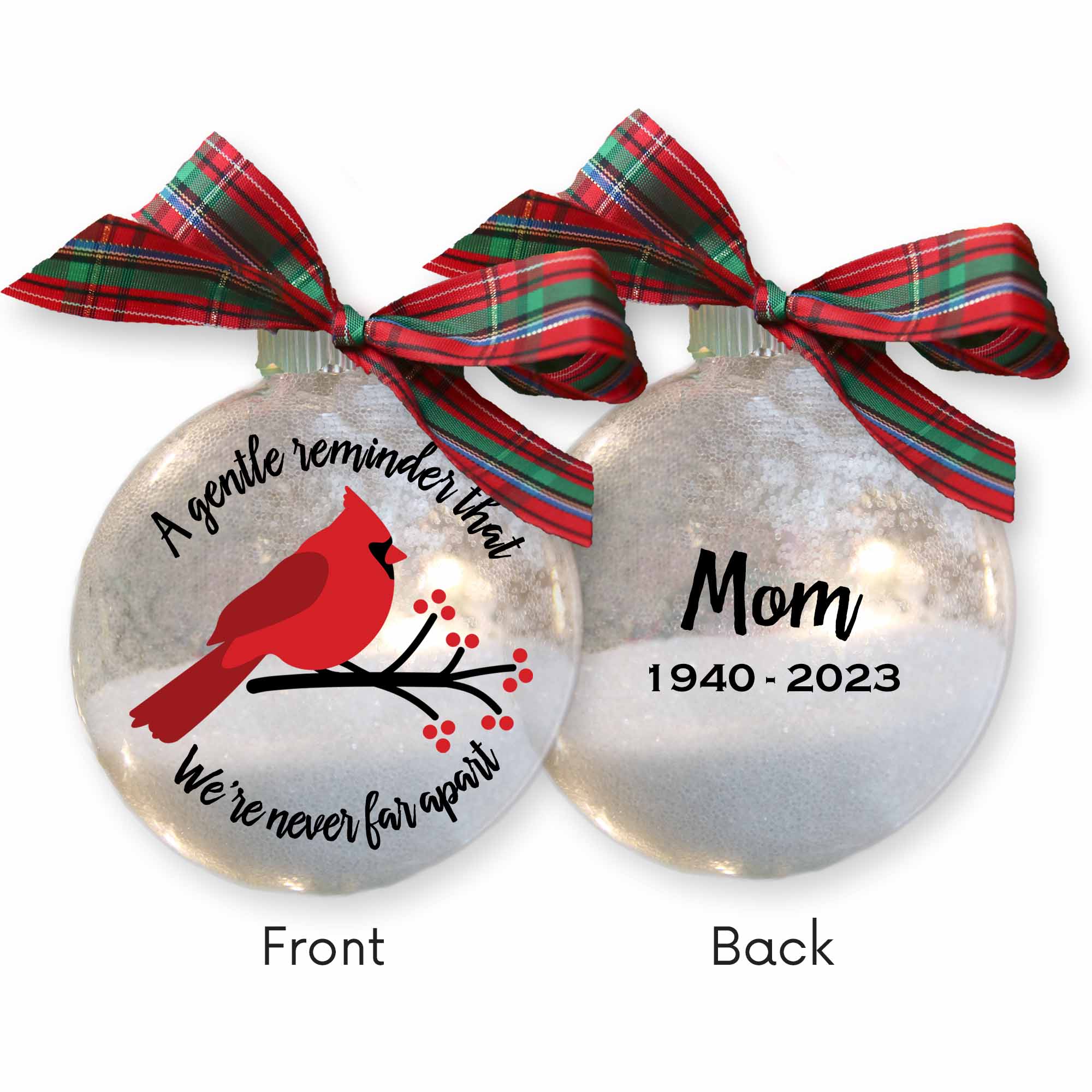 Cardinal Sympathy Memorial Christmas Ornament, Glitter White Snow Filled
