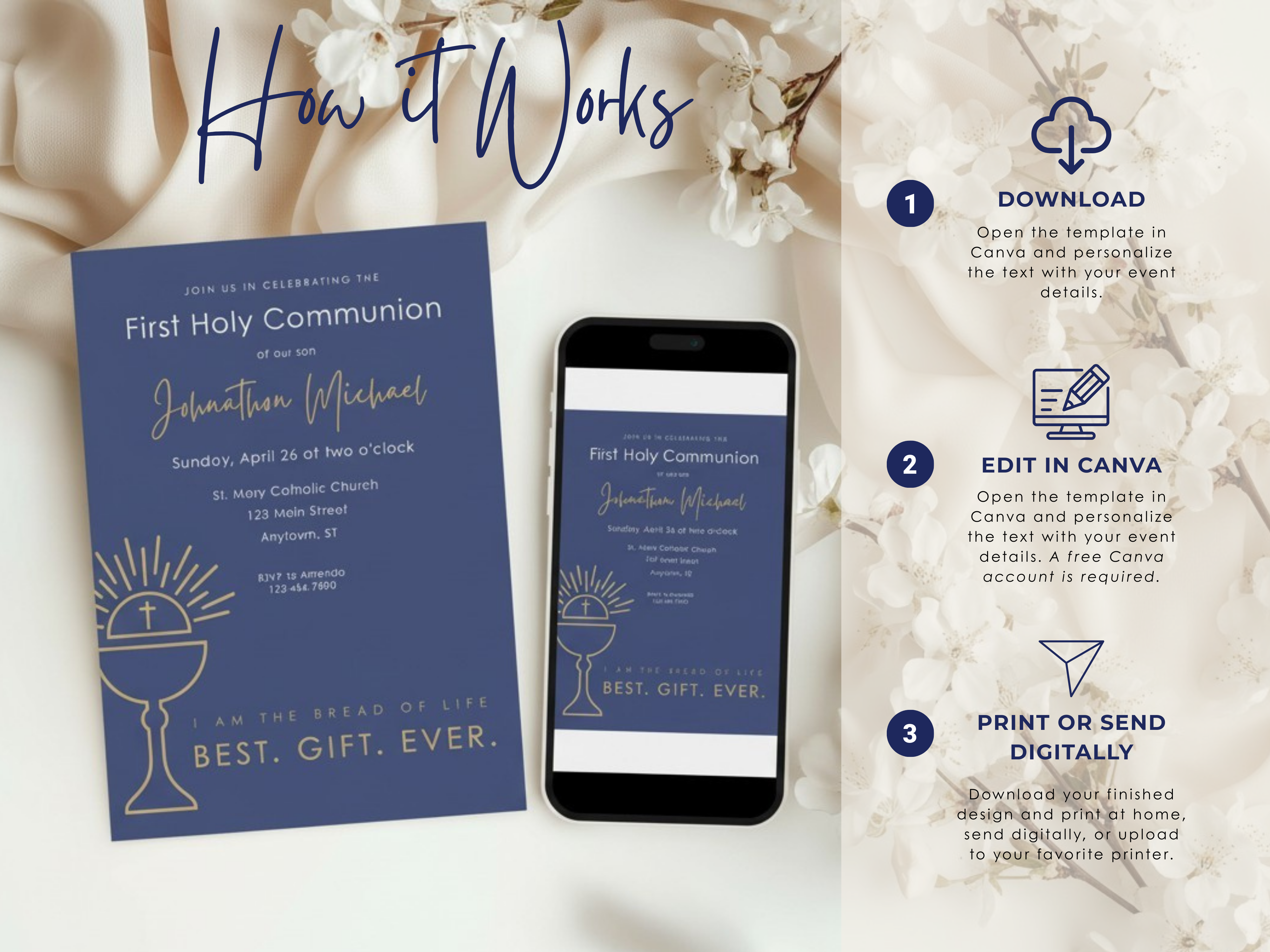 First Holy Communion invitation with smartphone displaying digital version, with details on how the digital download works.