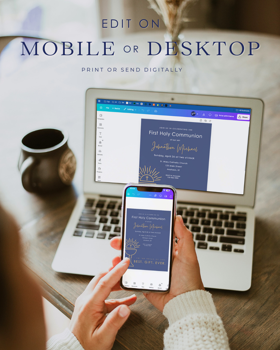 Person using a smartphone and laptop to edit a digital invitation.