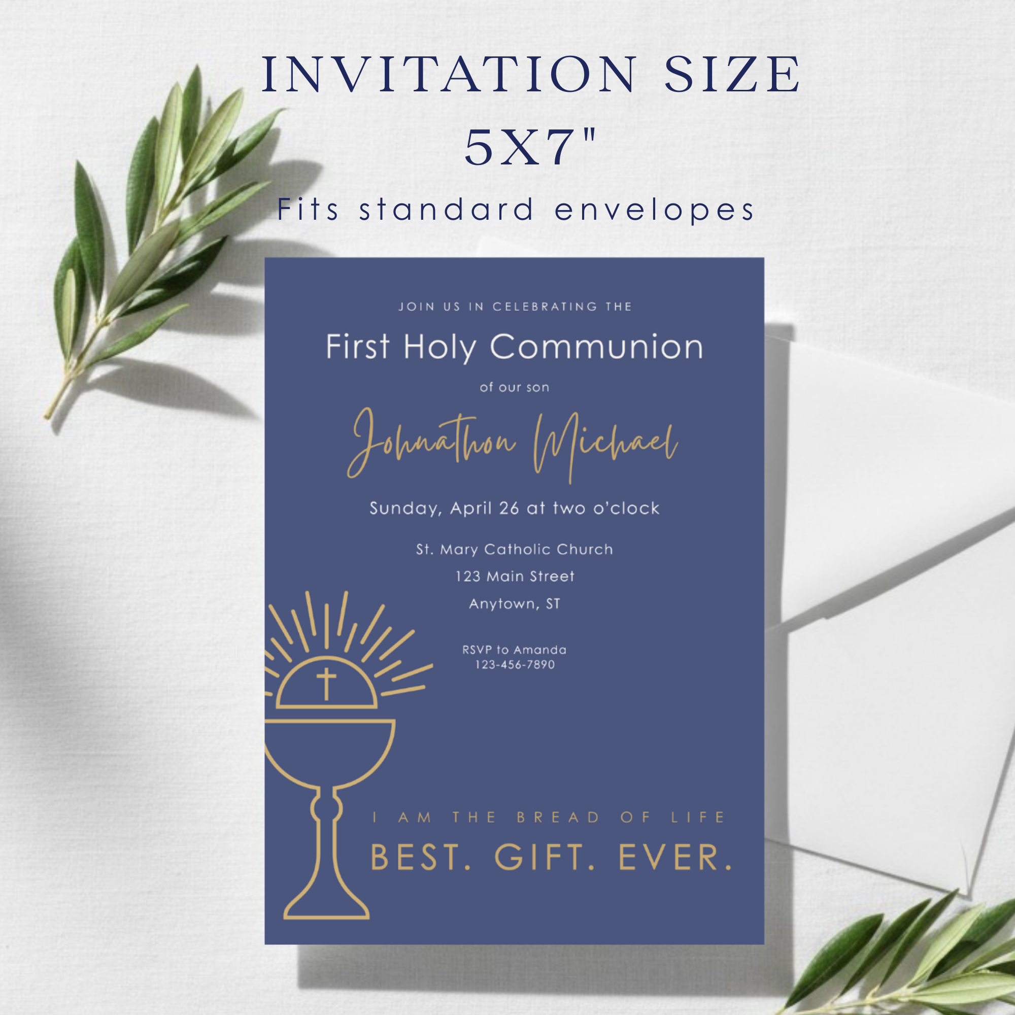 First Holy Communion invitation on a white background with olive branches. Noting the invitation size is 5x7".