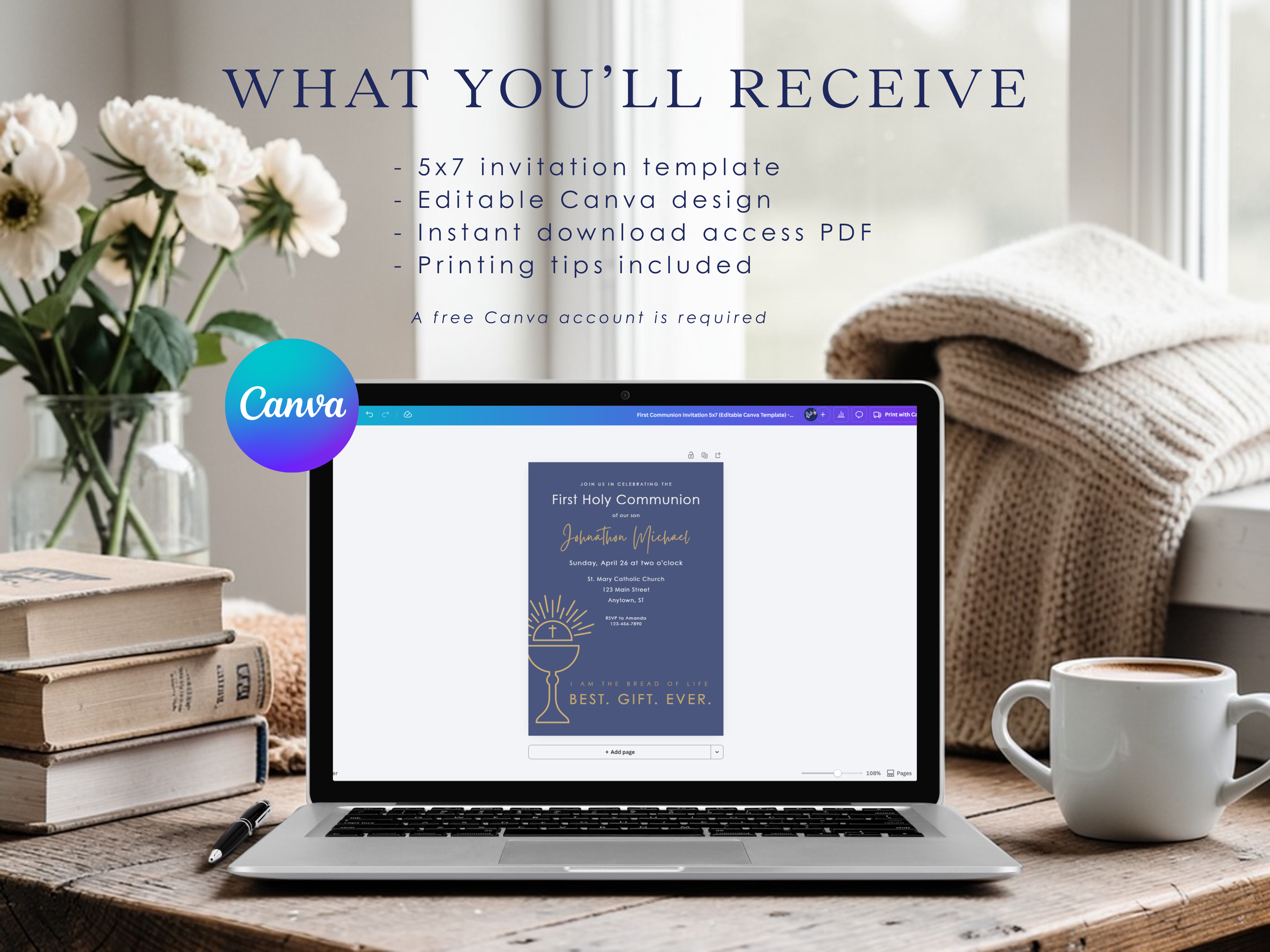 Laptop displaying a Canva design on a wooden table with books, flowers, and a cup. 