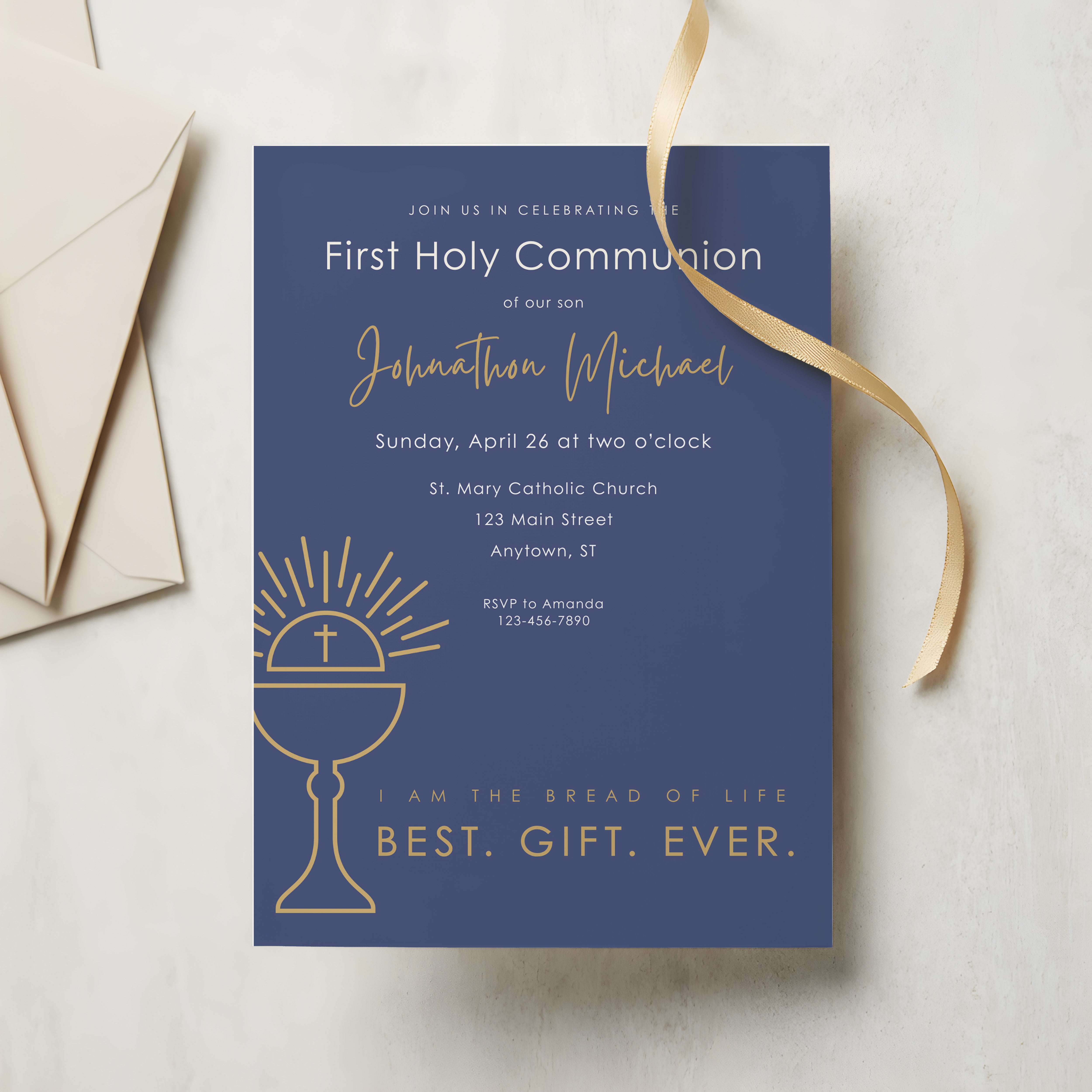 First Holy Communion invitation card with gold text on a blue background, accompanied by an envelope.