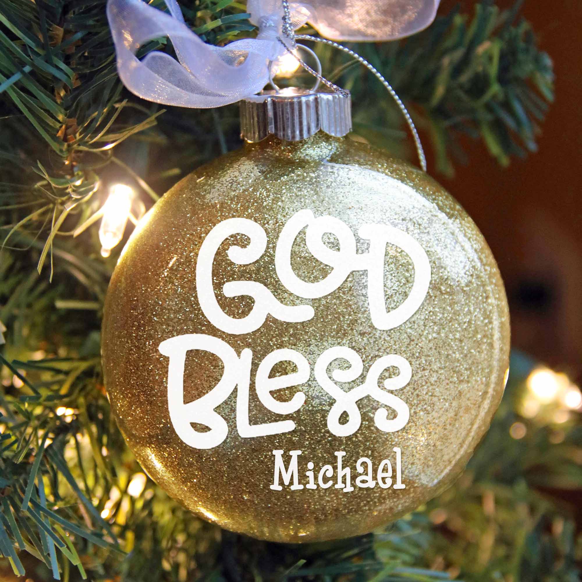 Baptism Glitter Christmas Ornament - God Bless