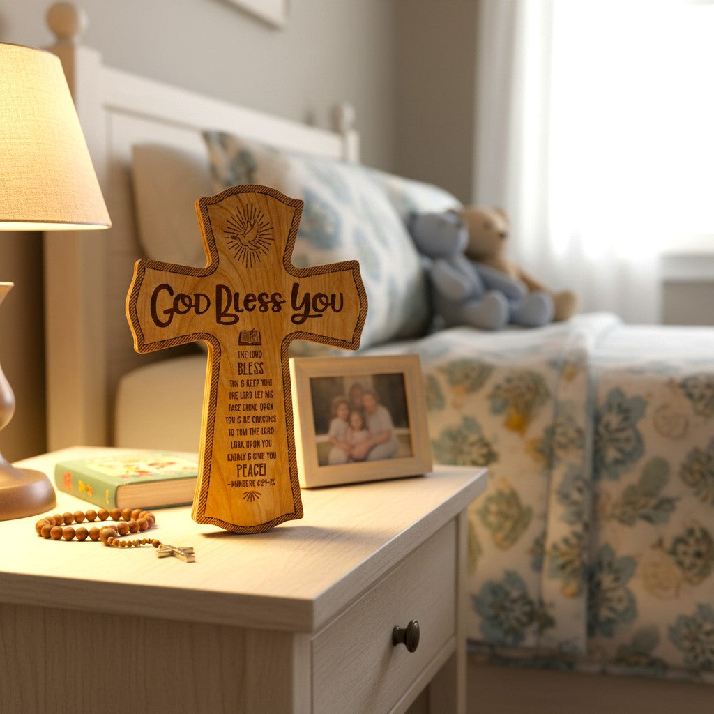 God Bless You Wood Wall Cross — Engraved Scripture Gift