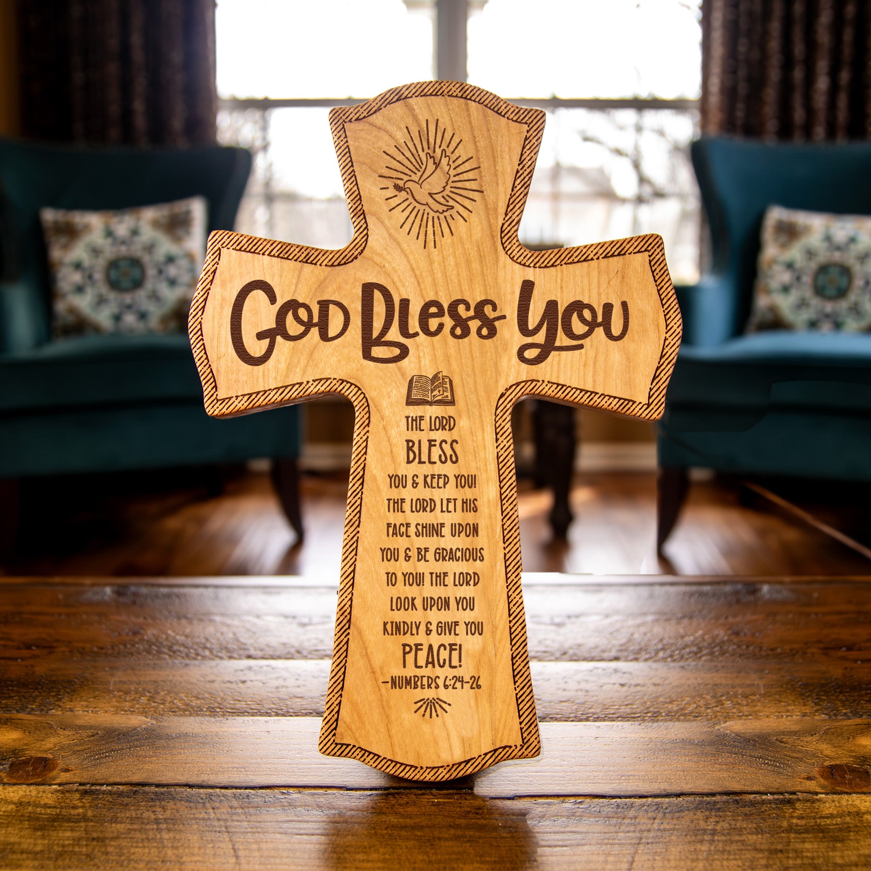 God Bless You Wood Wall Cross — Engraved Scripture Gift