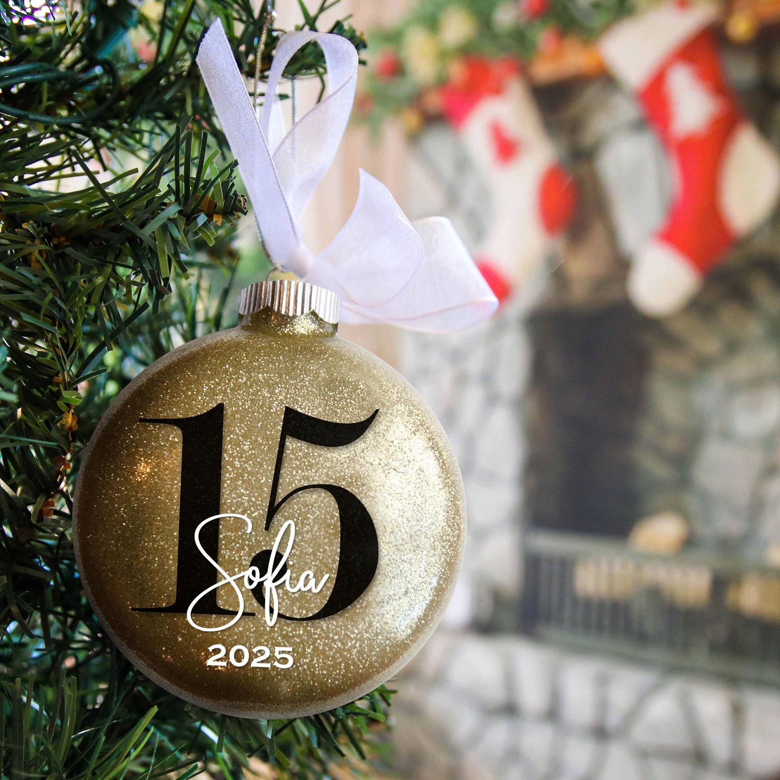 Personalized 15 Mis Quince AÃ±os Glitter Ornament - Custom Name & Year Keepsake