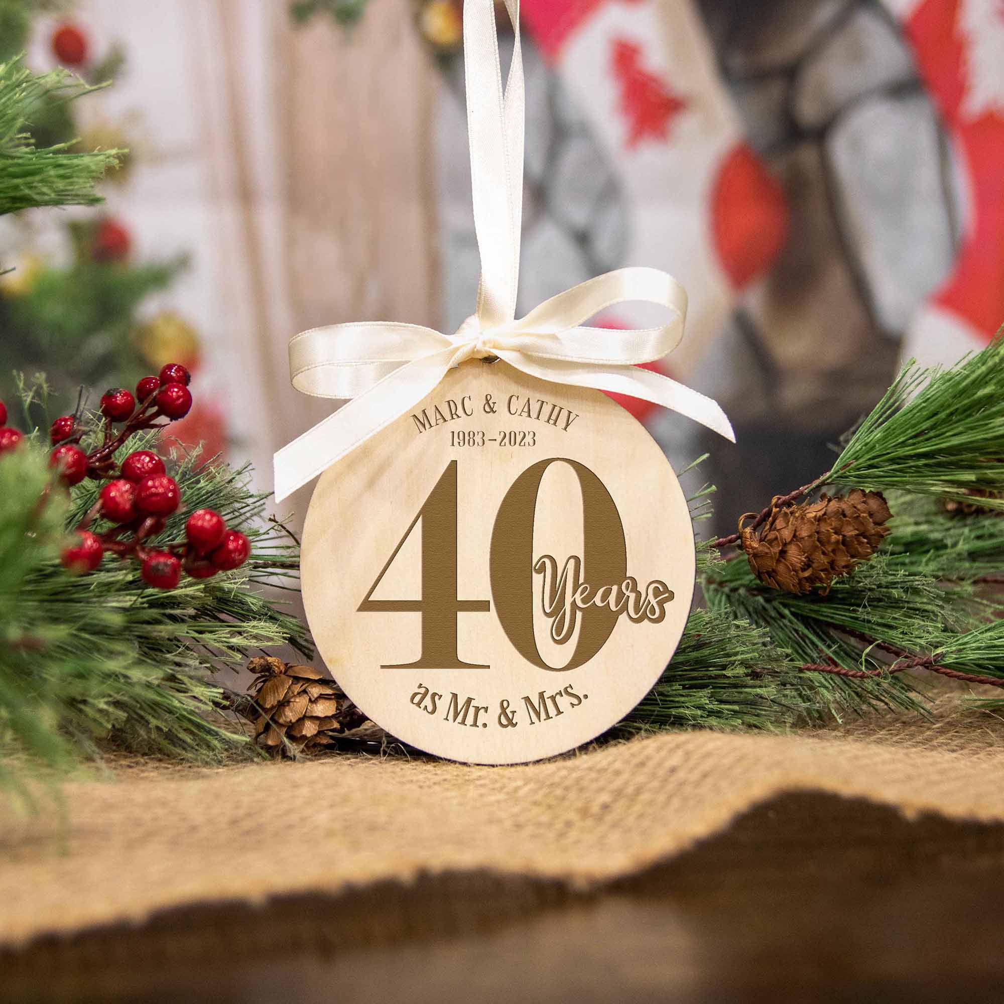40th Wedding Anniversary Wood Christmas Ornament