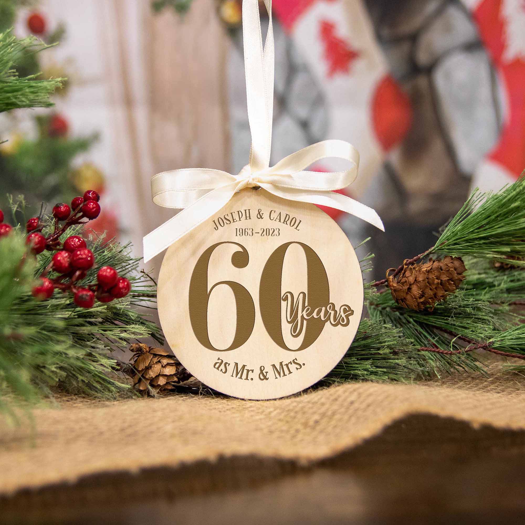 60th Wedding Anniversary Wood Christmas Ornament