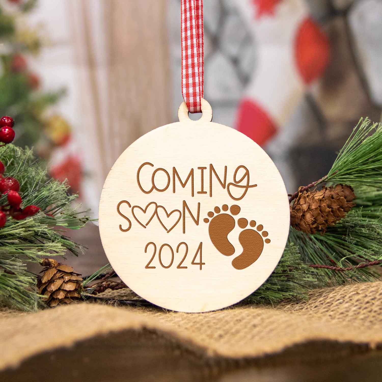 Pregnancy Announcement Wood Christmas Ornament - Coming Soon 2023