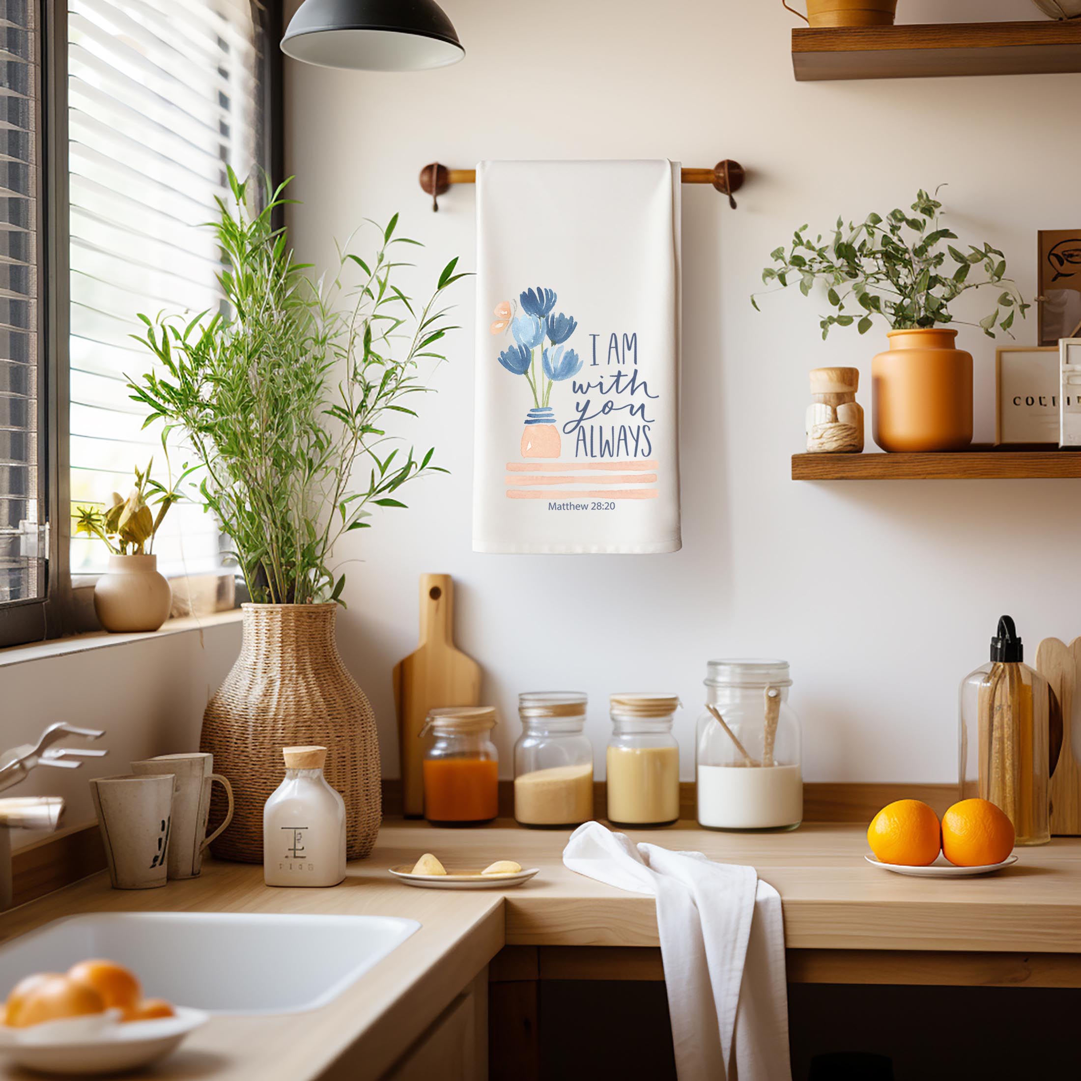 Kitchen counter with plants, jars, and an encouraging Christian kitchen towel hanging on a wall.