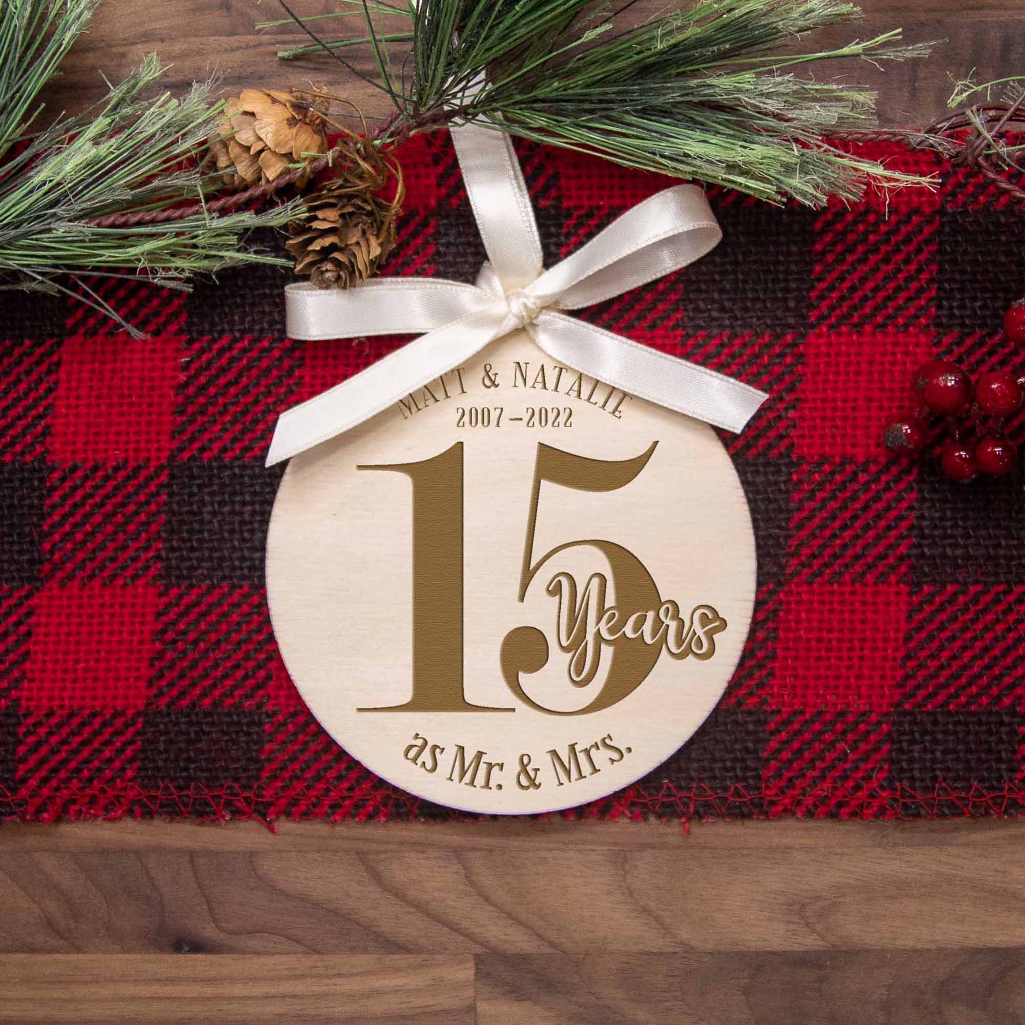 15th Wedding Anniversary Wood Christmas Ornament