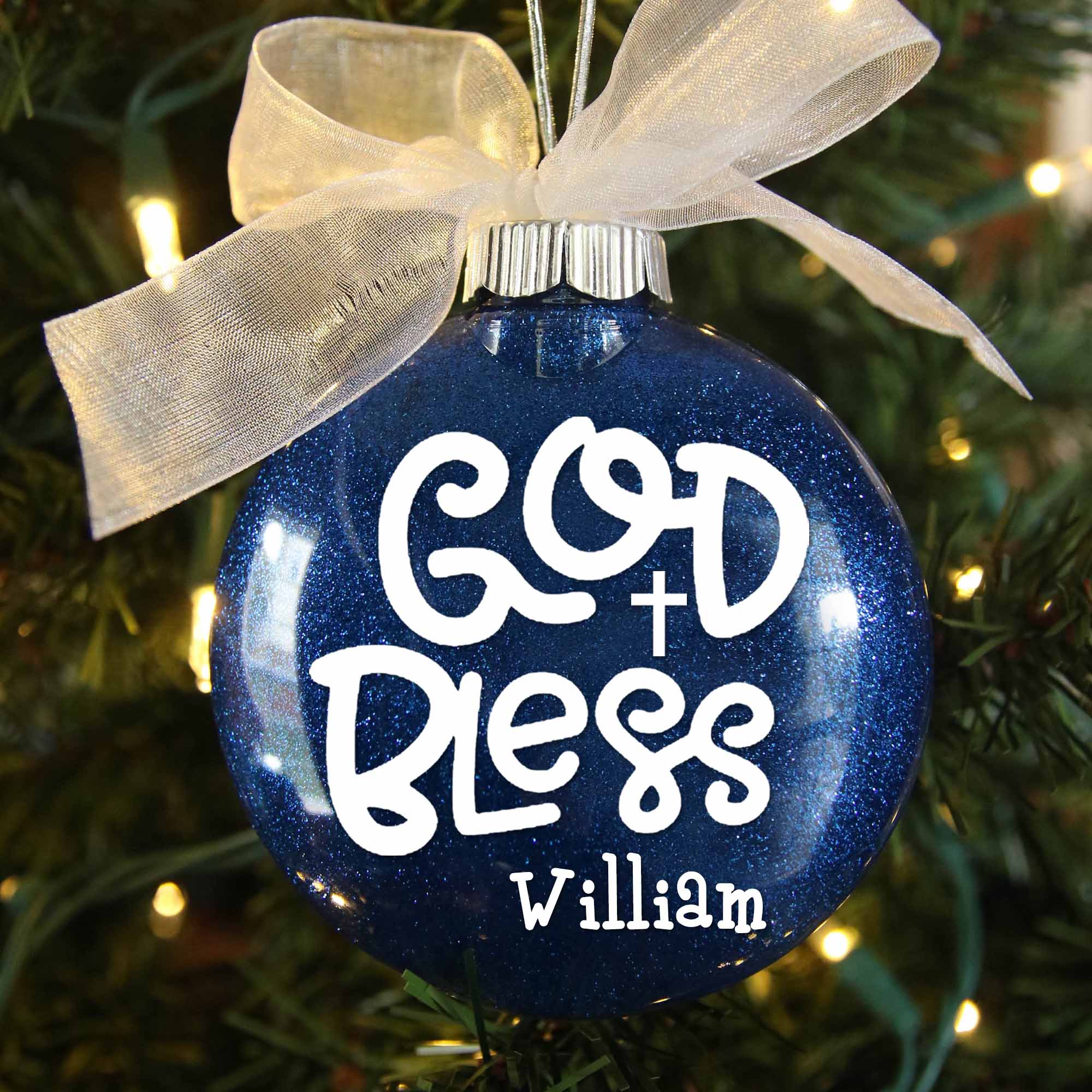 Baptism Glitter Christmas Ornament - God Bless