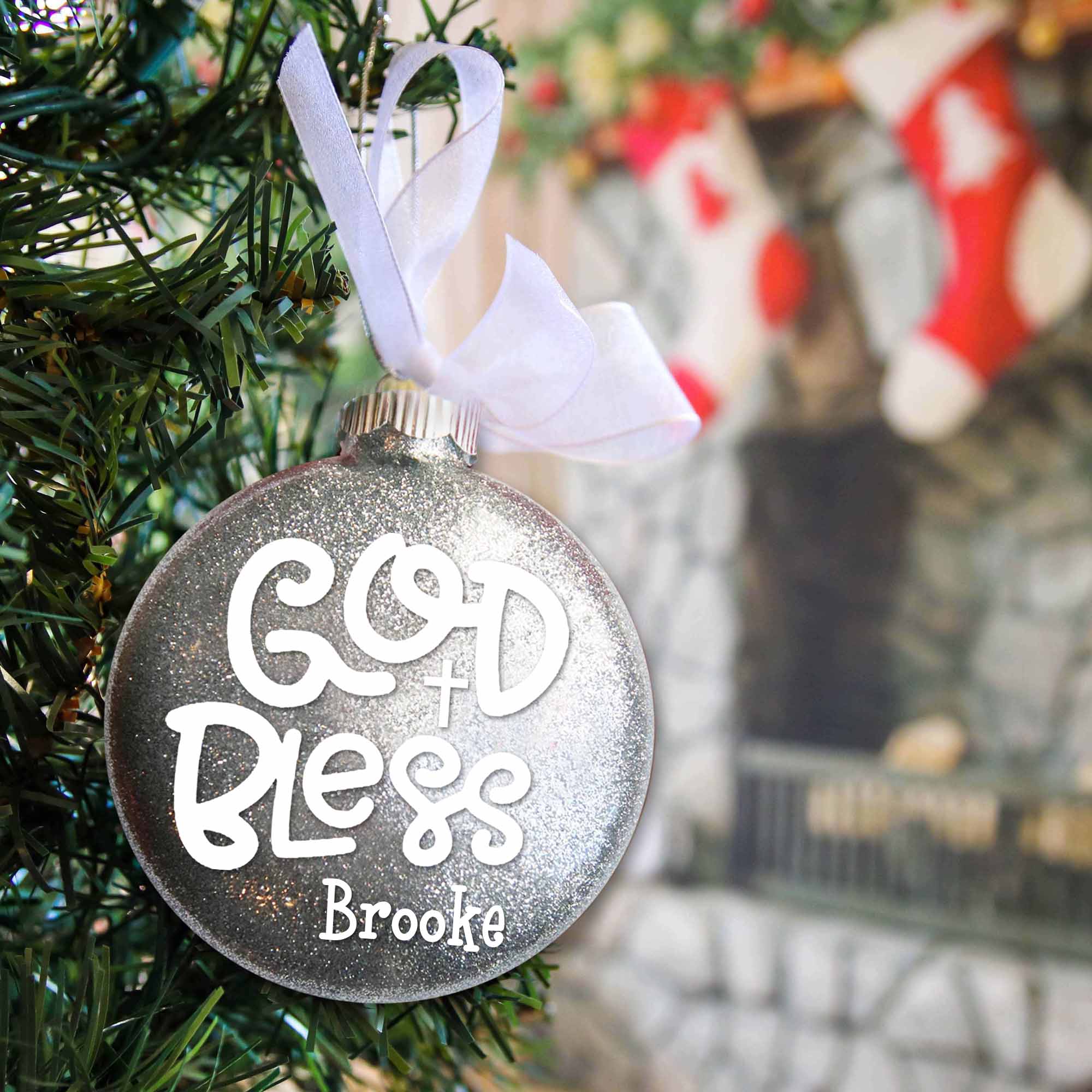 Baptism Glitter Christmas Ornament - God Bless