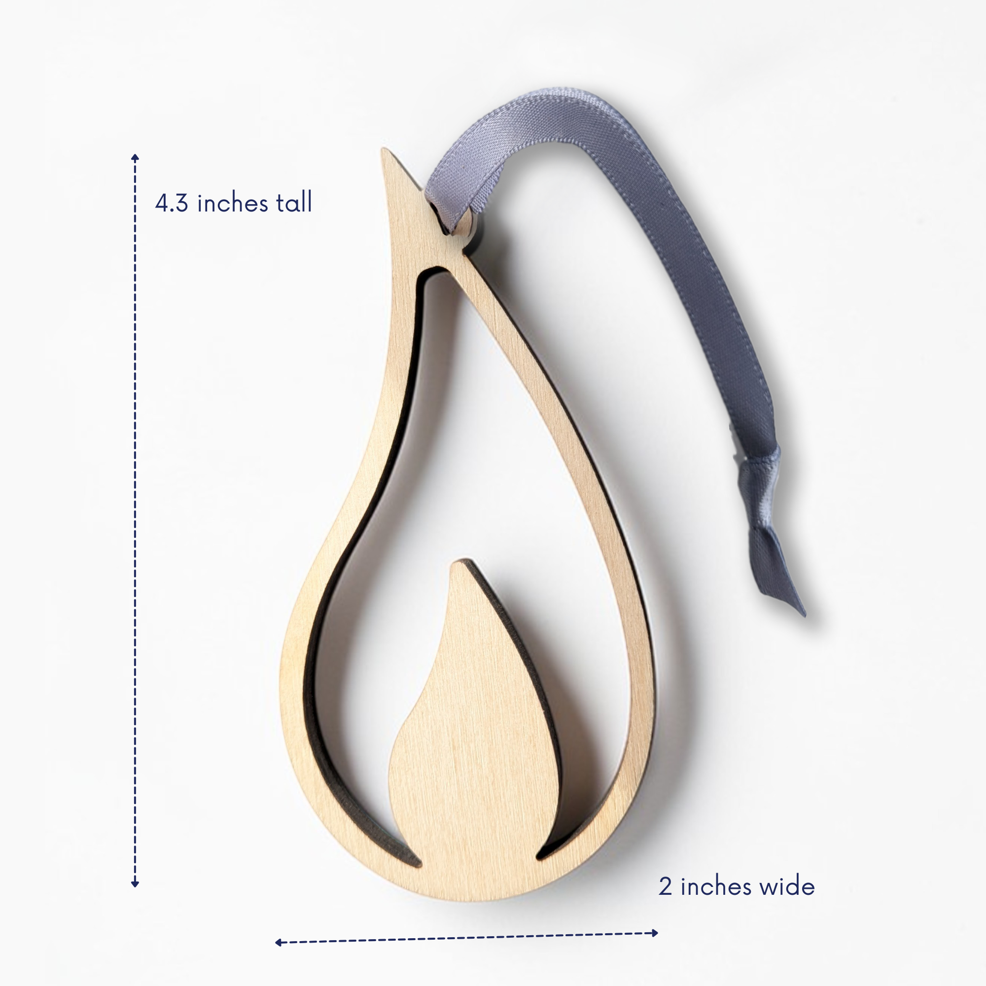 Wooden flame-shaped ornament with a ribbon, shown with measurements on a white background.