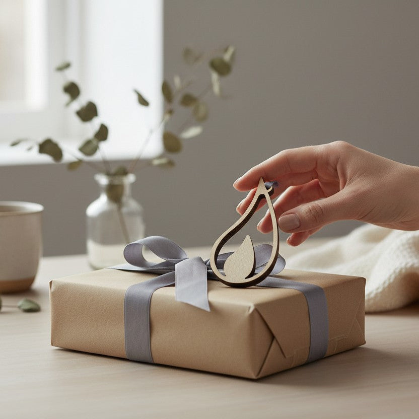 Person holding a flame wooden ornament on a gift with brown paper and silver ribbon, setting on a wooden table.
