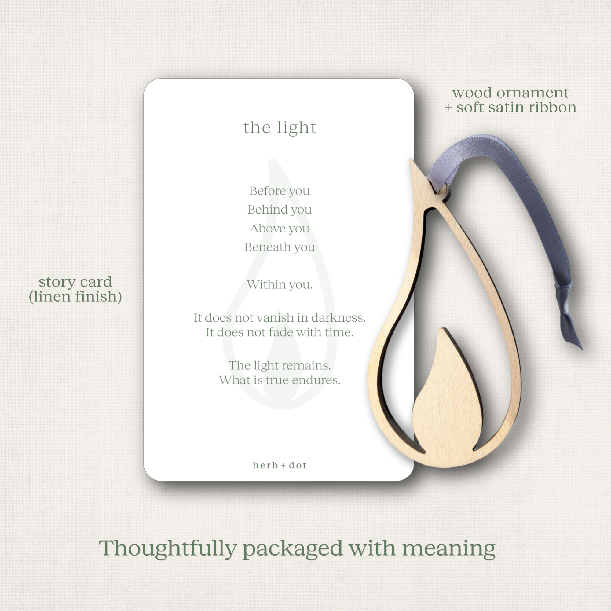 Wooden ornament with soft satin ribbon on a story card with text.