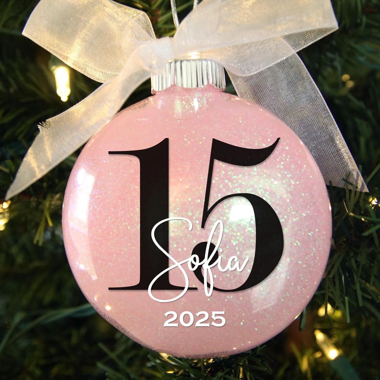 Personalized 15 Mis Quince AÃ±os Glitter Ornament - Custom Name & Year Keepsake