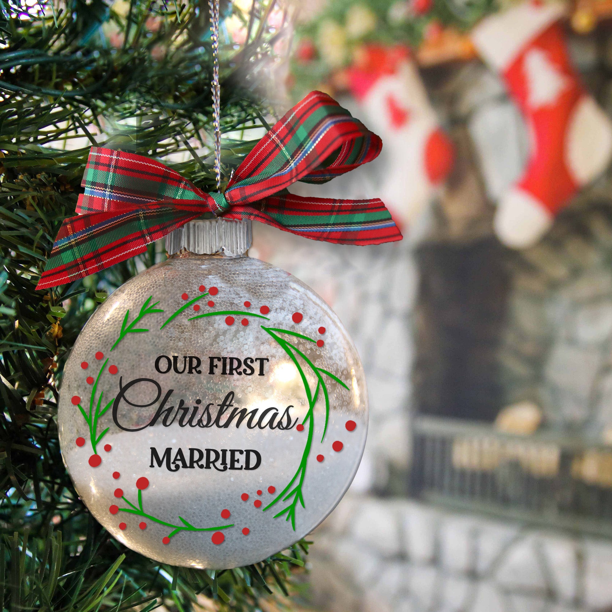 Personalized Our First Christmas Married Glitter Ornament Married