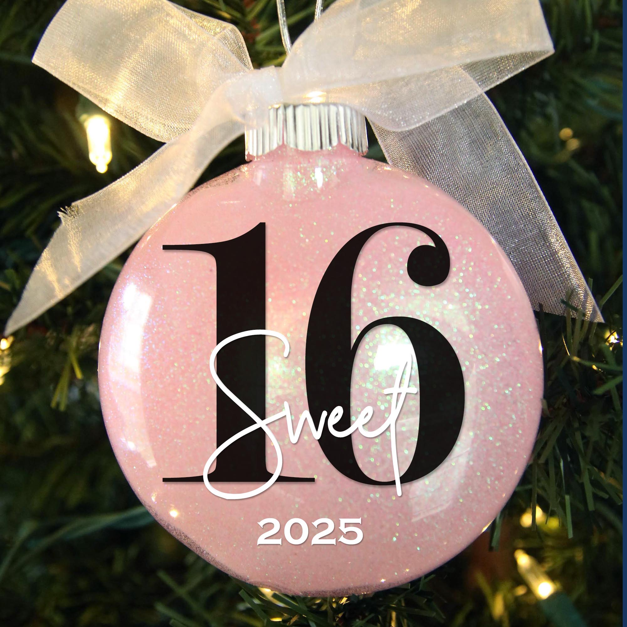 Personalized 16 Sweet Sixteen Birthday Glitter Christmas Ornament - Custom Name & Year Keepsake