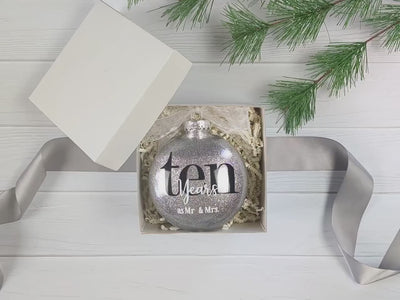 10 year Tin Color Anniversary Ornament – Personalized 10th Wedding Anniversary Glittered Christmas Gift – Ten Years as Mr & Mrs