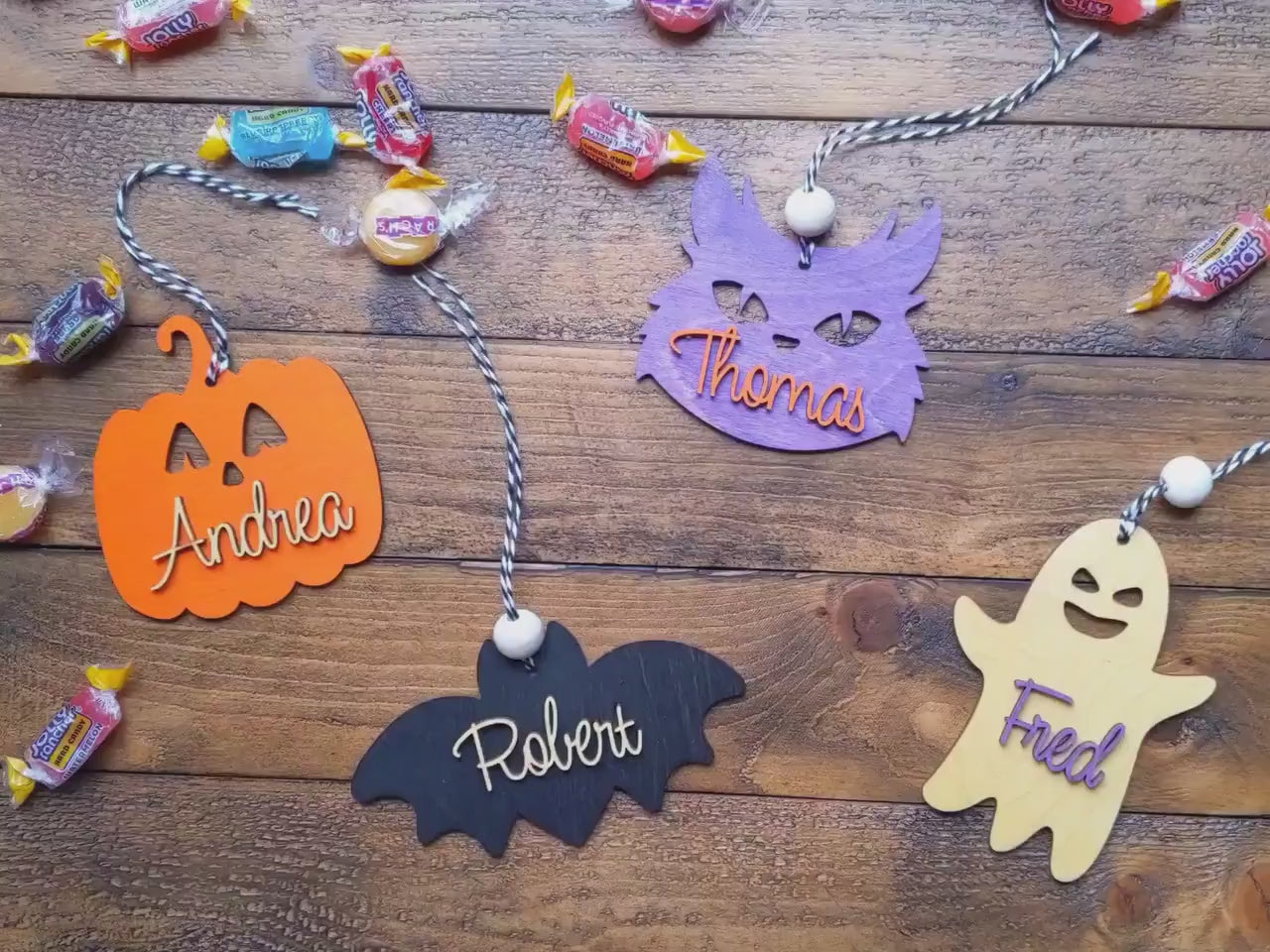 Personalized Name Halloween Ornament - Laser Cut Color Stained Wood - Custom Gift Basket Tags - Halloween Treat Bag Name Tags for Kids