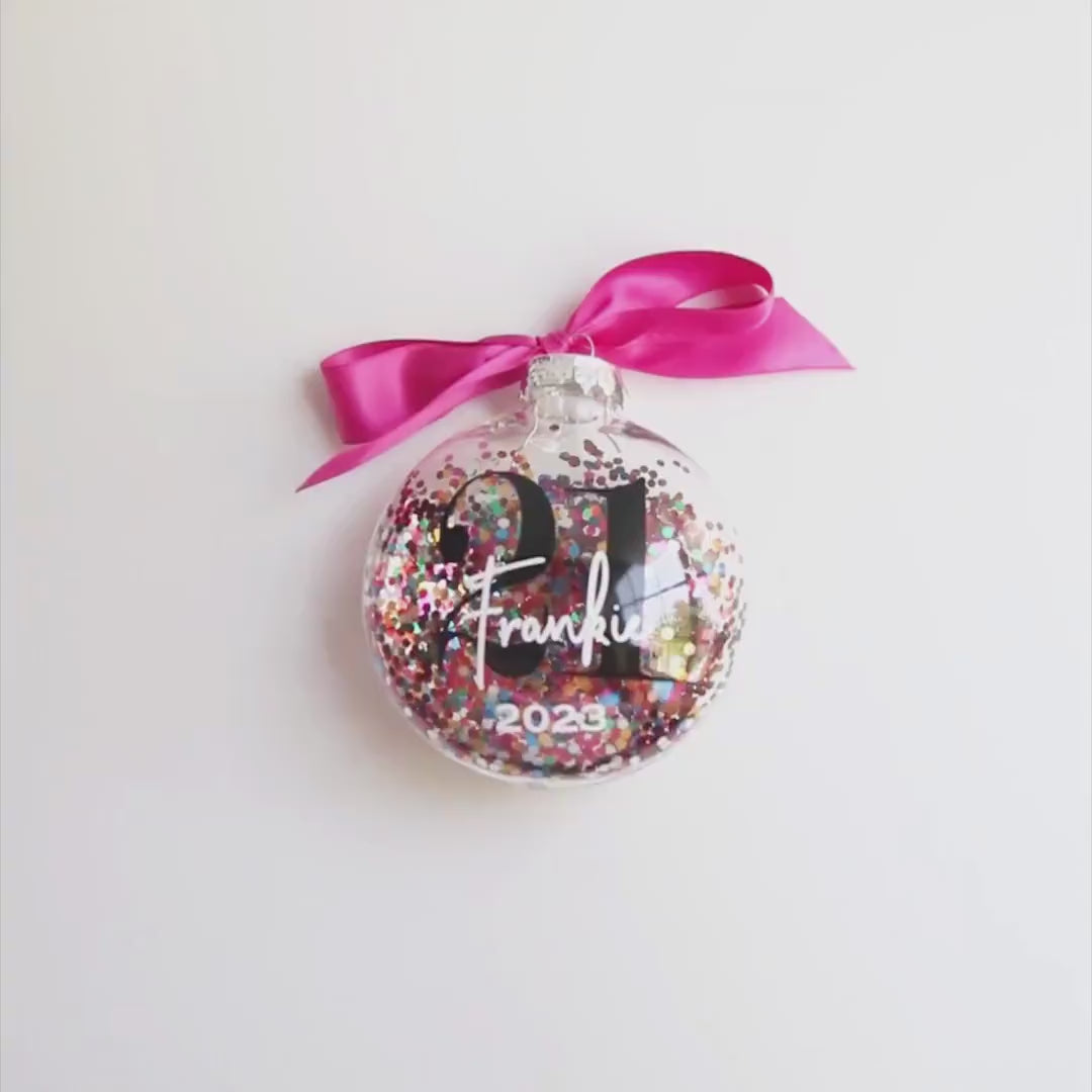 Personalized 21st Birthday Ornament - Fun Confetti Glitter Christmas Ornament - Cheers to Twenty One Years