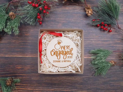 Personalized Engagement Wooden Ornament - Laser Cut Engraved Wood - Our First Christmas Engaged 2023 - Engagement Gift for Couple