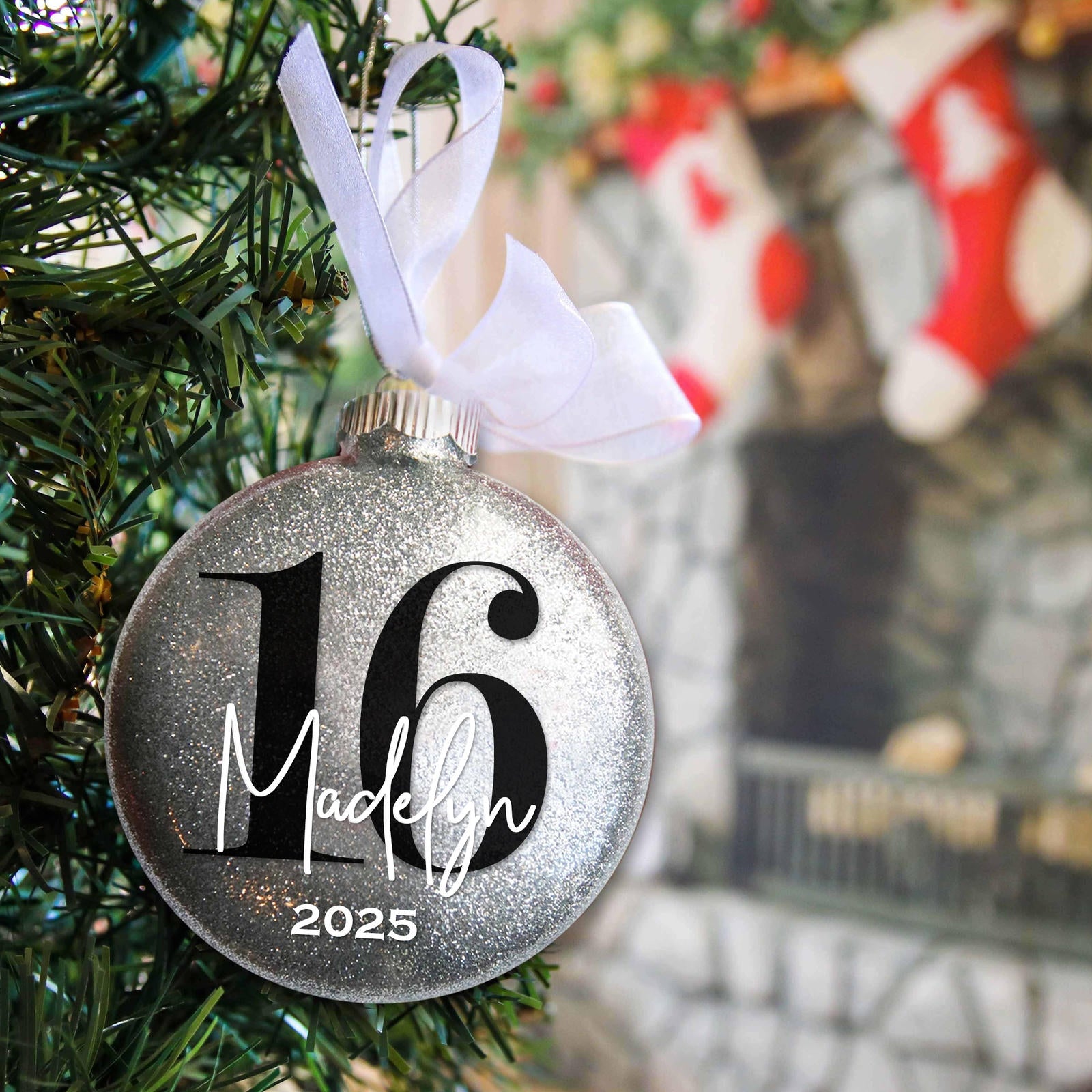 Personalized 16 Sweet Sixteen Birthday Glitter Christmas Ornament - Custom Name & Year Keepsake