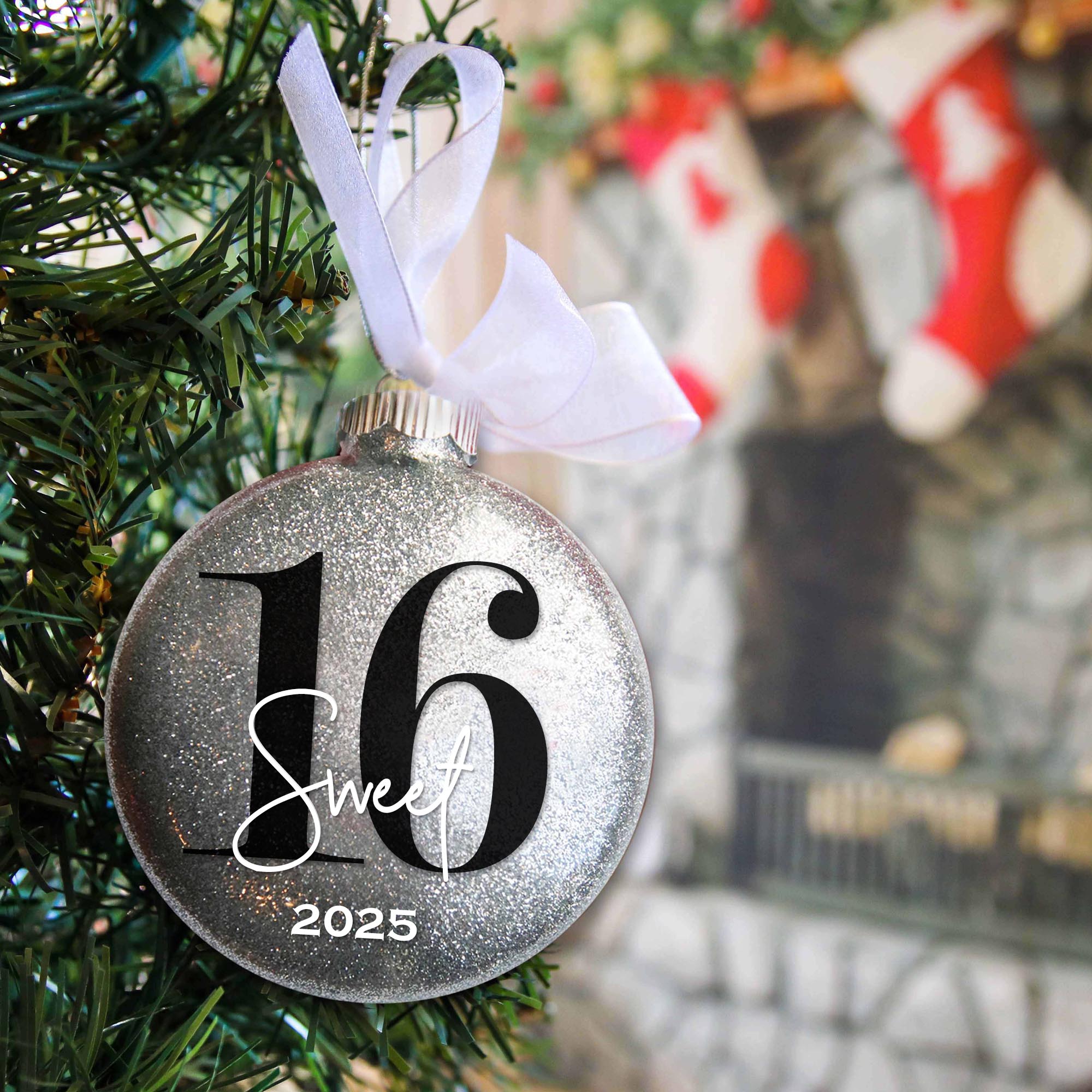 Personalized 16 Sweet Sixteen Birthday Glitter Christmas Ornament - Custom Name & Year Keepsake