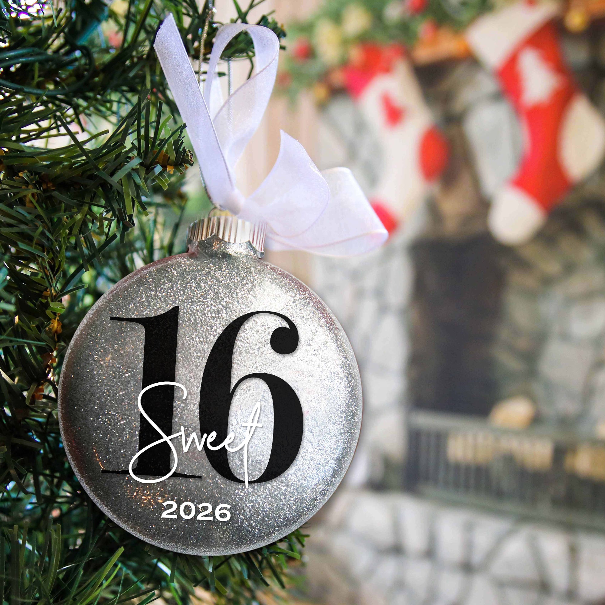Personalized 16 Sweet Sixteen Birthday Glitter Christmas Ornament - Custom Name & Year Keepsake