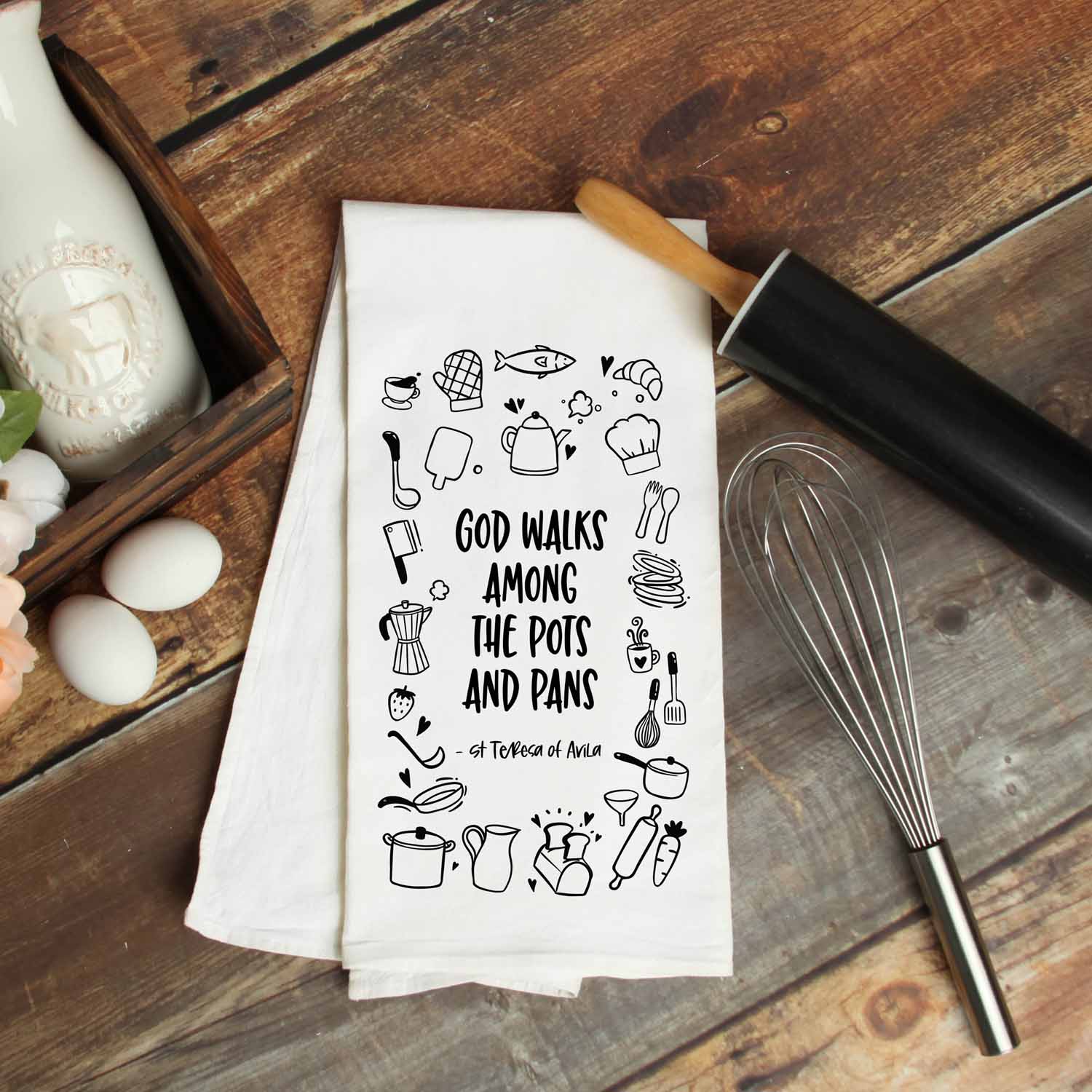 God Walks Among the Pots and Pans Kitchen Towel